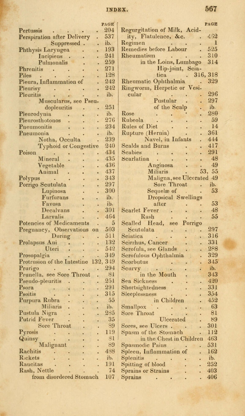 PAGE Pertussis .... 204 Perspiration after Delivery . 537 Suppressed . . ib. Phthysis Laryngea . .193 Incipiens . . . 241 Pulmonalis . . 259 Phrenitis .... 271 Piles 128 Pleura, Inflammation of . 242 Pleurisy .... 242 Pleuritis . . . . ib. Muscularus, see Pseu- dopleuritis . . 251 Pleurodynia . , . ib. Pleurosthotouos . . .276 Pneumonitis . . . 234 Pneumonia . . ib. Notha, Occulta . 239 Typhoid or Congestive 240 Poison .... 434 Mineral . . . 435 Vegetable . . 436 Animal . . .437 Polypus .... 343 Porrigo Scutulata . .297 Lupinosa . . 300 Furfurans . . ib. Favosa . . ib. Decalvans . .301 Larvalis . . 464 Potencies of Medicaments . 5 Pregnancy, Observations on 503 During . .511 Prolapsus Ani . . . 132 Uteri . . . 542 Prosopalgia . . . 349 Protrusion of the Intestine 132, 319 Prurigo . . . .294 Prunella, see Sore Throat . 81 Pseudo-pleuritis . . .251 Psora . . . .291 Psoitis . . . .315 Purpura Rubra ... 55 Miliaris . . . ib. Pustula Nigra . . . 285 Putrid Fever ... 35 Sore Throat . . 89 Pyrosis . . . .119 Quinsy . . . .31 Malignant . . 89 Rachitis .... 488 Rickets . . . . ib. Raucitas . . . .191 Rash, Nettle ... 74 from disordered Stomach 107 Regurgitation of Milk, Acid ity, Flatulence, &c. Regimen Remedies before Labour Rheumatism in the Loins, Lumbago Hip-joint, Scia tica . 31 Rheumatic Ophthalmia Ringworm, Herpetic or Vesi cular Pustular of the Scalp Rose Rubeola Rules of Diet Rupture (Hernia) Navel, in Infants Scalds and Burns Scabies Scarlatina Anginosa Miliaris PAGE 452 1 525 310 314 i, 318 329 296 297 ib. 280 59 14 361 444 417 291 48 49 55 53 Maligna, see Ulcerated 49 Sore Throat Sequela? of Dropsical Swellings after Scarlet Fever Rash Scalled Head, see Porrigo Scutulata Sciatica Scirrhus, Cancer Scrofula, see Glands Scrofulous Ophthalmia Scorbutus Scurvy in the Mouth Sea Sickness Shortsightedness Sleeplessness in Children Smallpox Sore Throat Ulcerated Sores, see Ulcers . Spasm of the Stomach in the Chest in Children Spasmodic Pains Spleeu, Inflammation of Splenitis Spitting of blood Sprains or Strains Sprains ib. 53 53 48 55 297 316 331 288 329 345 ib. 343 420 331 354 452 63 81 89 301 112 463 531 162 ib. 252 403 406