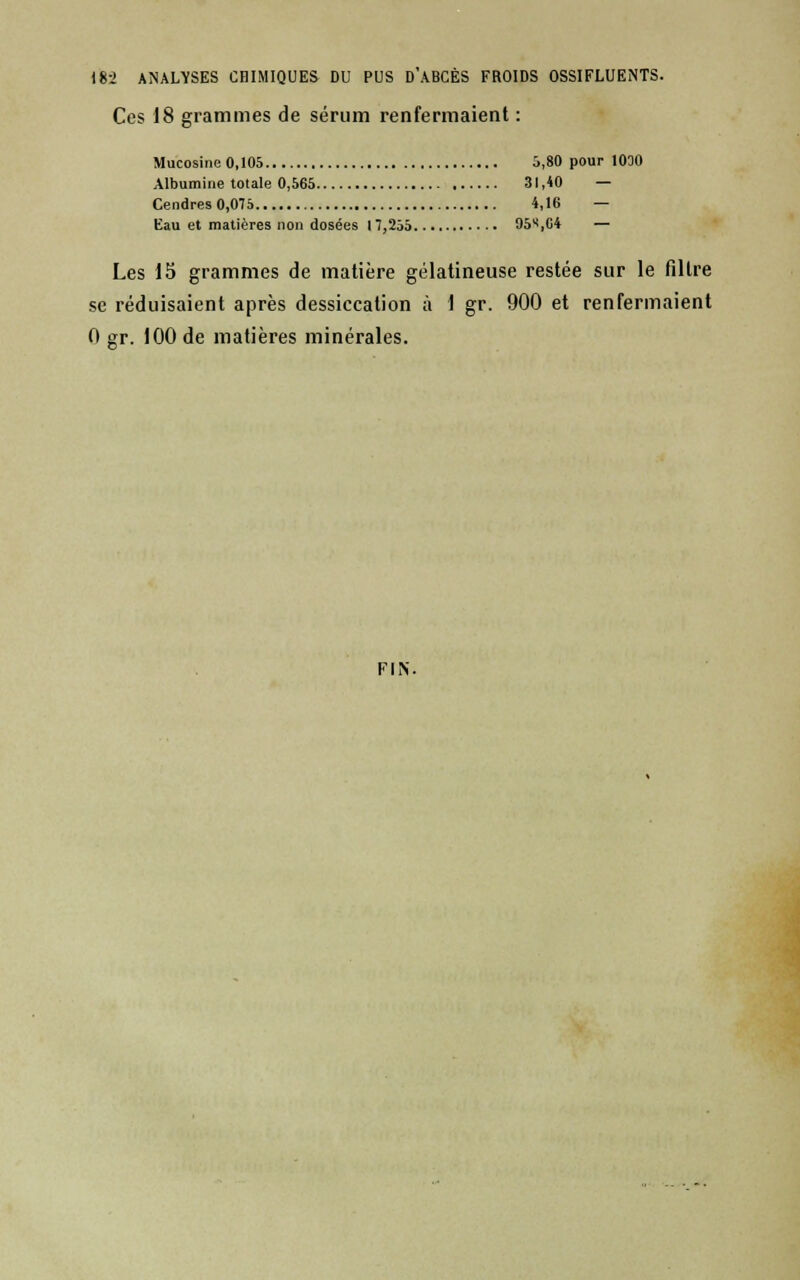Ces 18 grammes de sérum renfermaient : Mucosine 0,105 5,80 pour 1030 Albumine totale 0,565 31,40 — CendresO,075 4,16 — Eau et matières non dosées 17,255 95SC4 — Les 15 grammes de matière gélatineuse restée sur le filtre se réduisaient après dessiccation à 1 gr. 900 et renfermaient 0 gr. 100 de matières minérales. FIN.