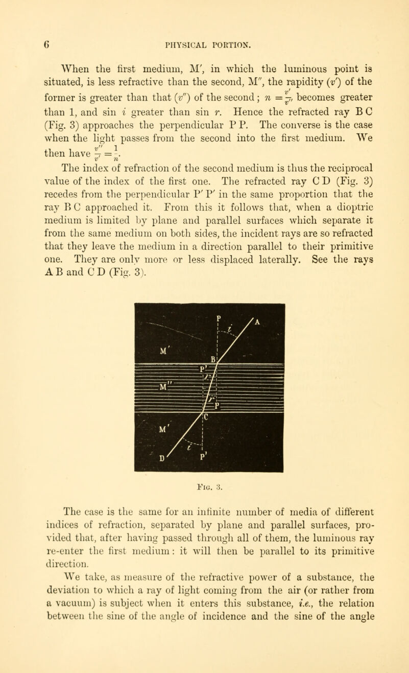 When the first medium, M', in which the luminous point is situated, is less refractive than the second, M, the rapidity (V) of the former is greater than that (v) of the second ; n = ^> becomes greater than 1, and sin i greater than sin r. Hence the refracted ray B C (Fig. 3) approaches the perpendicular P P. The converse is the case when the light passes from the second into the first medium. We then have %— =-. v n The index of refraction of the second medium is thus the reciprocal value of the index of the first one. The refracted ray C D (Fig. 3) recedes from the perpendicular P' P' in the same proportion that the ray B C approached it. From this it follows that, when a dioptric medium is limited by plane and parallel surfaces which separate it from the same medium on both sides, the incident rays are so refracted that they leave the medium in a direction parallel to their primitive one. They are only more or less displaced laterally. See the rays A Band CD (Fig. 3). Fig. 3. The case is the same for an infinite number of media of different indices of refraction, separated by plane and parallel surfaces, pro- vided that, after having passed through all of them, the luminous ray re-enter the first medium: it will then be parallel to its primitive direction. We take, as measure of the refractive power of a substance, the deviation to which a ray of light coming from the air (or rather from a vacuum) is subject when it enters this substance, i.e., the relation between the sine of the angle of incidence and the sine of the angle