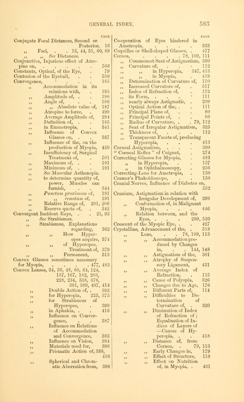 Conjugate Focal Distances, Second or Posterior, 16 Foci, . . 13, 44, 51, 60, 89 ,, ,, See Distances. Conjunctiva, Injurious effect of Atro- pine on, ..... 566 Constants, Optical, of the Eye, . 79 its Contusion of the Eyeball, Convergence, „ Accommodation in relations with, ,, Amplitude of, . ,, Angle of, ,, ,, Absolute value of, »;;u 185 195 190 186 187 ,, Atropine to force, . 499 ,, Average Amplitude of, 294 ,, Definition of, . 185 ,, in Emmetropia, . 341 ,, Influence of Convex Glasses on, . . 387 ,, Influence of the, on the production of Myopia, 450 ,, Insufficiency of, Surgical Treatment of, . 501 ,, Maximum of, . . 191 ,, Minimum of, . . 191 ,, See Muscular Asthenopia. ,, to determine quantity of, power, Muscles can furnish, . . 344 ,, Punctum prozimum of, 191 ,, ,, remotum of, 191 Relative Range of, 201, 206 ,, Reserve quota of, . 342 Convergent Incident Rays, . . 21, 93 ,, See Strabismus. ,, Strabismus, Explanations regarding, 362 ,, ,, How Hyper- opes acquire, 374 ,, ,, of Hyperopes, Treatment of, 379 ,, ,, Permanent, 513 Convex Glasses sometimes necessary for Myopia, .... 477, 483 Convex Lenses, 34, 36, 48, 60, 64, 124, 137, 167, 182, 203, 228, 234, 338, 376, 381, 399, 407, 414 ,, Double Action of, . 392 ,, for Hyperopia, 225, 375 ,, for Strabismus of Hyperopes, . 399 ,, in Aphakia, . . 416 ,, Influence on Conver- gence, . . 387 ,, Influence on Relations of Accommodation and Convergence, 385 ,, Influence on Vision, 384 ,, Materials used for, 396 ,, Prismatic Action of, 388, 416 ,, Spherical and Chrom- atic Aberration from, 396 Co-operation of Ametropia, Eyes hindered •shaped Glasses, 333 477 111 300 112 413 419 110 517 112 111 299 111 80 80 112 325 112 413 300 274 483 137 256 130 150 Coquilles or Sh Cornea, . . . .78, 109. Commonest Seat of Astigmatism, Curvature of, . ,, in Hyperopia, 347, ,, in Myopia, Determination of Curvature of, Increased Curvature of, Index of Refraction of, its Form, ... nearly always Astigmatic, . Optical Action of the, . Principal Plane of, Principal Points of, Radius of Curvature, . . 79, Seat of Irregular Astigmatism, Thickness of, Transparent Facets of, producing Hyperopia, Corneal Astigmatism, . • .  Corneal Reflex  of Cuignet, Correcting-Glasses for Myopia, „ in Hyperopia, „ in Ophthalmoscopy, Correcting-Lens for Ametropia, Cramer's Phakoidoscope, Cranial Nerves, Influence of Diabetes on, 552 Cranium, Astigmatism in relation with Irregular Development of, 299 ,, Conformation of, in Malignant Myopia, . . . 446 ,, Relation between, and the Eyes, . . . 299, 520 Crescent of the Myopic Eye, . . 427 Crystalline, Advancement of the, . 518 Lens, . . 78, 109, 113 ,, ,, Accommodation pro- duced by Changes in, . . 144, 148 ,, ,, Astigmatism of the, 301 ,, ,, Atrophy of Suspen- sory Ligament, 431 ,, ,, Average Index of Refraction, . 115 ,, ,, Cause of Polyopia, 326 ,, ,, Changes due to Age, 176 „ Different Parts of, 114 ,, ,, Difficulties to De- termination of Curvature of, . 320 ,, ,, Diminution of Index of Refraction of ; Equalisation of In- dices of Layers of —Causes of Hy- peropia, . . 418 ,, ,, Distance of, from Cornea, . 79, 113 ,, ,, Early Changes in, 179 ,, ,, Effect of Structure, 118 ,, ,, Effect on Nutrition of, in Myopia, . 431