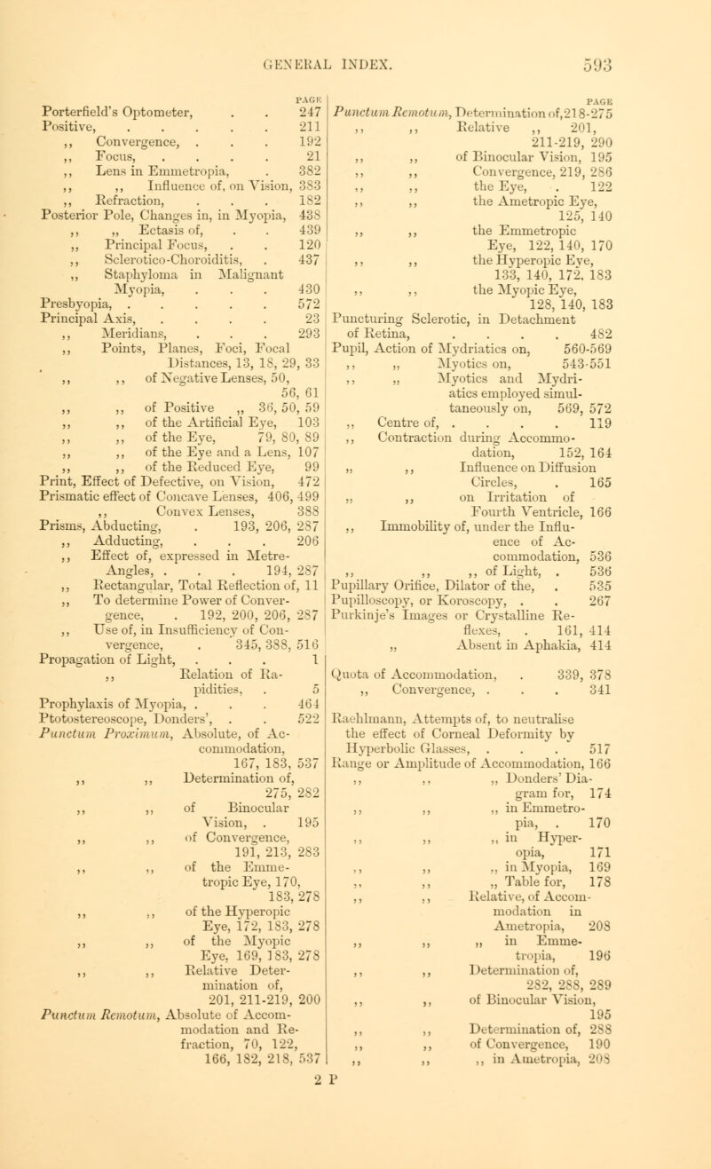 Porterfield's Optometer, PAGK. 247 Positive, .... 211 ,, Convergence, 192 ,, Focus, 21 ,, Lens in Emmetropia, 382 ,, ,, Influence of, on Vision, 383 Refraction, . . . 1S2 Posterior Pole, Changes in, in Myopia, 43S „ Ectasisof, . . 439 ,, Principal Focus, . . 120 ,, Sclerotico-Choroiditis, . 437 ,, Staphyloma in Malignant Myopia, . . . 130 Presbyopia, . . . . . 572 Principal Axis, . . . . 23 Meridians, . . . 293 ,, Points, Planes, Foci, Focal Distances, 13, 18, 29, 33 ,, ,, of Negative Lenses, 50, 56, 61 ,, of Positive „ 36,50, 59 ,, ,, of the Artificial Eye, 103 ,, of the Eye, 79, 80, 89 ,, ,, of the Eye and a Lens, 107 ,, ,, of the Eeduced Eye, 99 Print, Effect of Defective, on Vision, 472 Prismatic effect of Concave Lenses, 406, 499 ,, Convex Lenses, 388 Prisms, Abducting, . 193, 206, 287 ,, Adducting, ... 206 ,, Effect of, expressed in Metre- Angles, . . . 194, 287 ,, Rectangular, Total Reflection of, 11 ,, To determine Power of Conver- gence, . 192, 200, 206, 287 ,, Use of, in Insufficiency of Con- vergence, . 345, 388, 516 Propagation of Light, ... 1 ,, Relation of Ra- pidities, . 5 Prophylaxis of Myopia, . . . 161 Ptotostereoscope, Donders', . . 522 Punctum Proximum, Absolute, of Ac- commodation, 167, 183, 537 ,, ,, Determination of, 275, 282 ,, ,, of Binocular Vision, . 195 ,, ,, of Convergence, 191, 213', 283 ,, ,, of the Emme- tropic Eye, 170, 183, 278 ,, ,, of the Hyperopic Eye, 172, 183, 278 ,, ,, of the Myopic Eye, 169, 183, 278 ,, ,, Relative Deter- mination of, 201, 211-219, 200 Punctum Rcmotum, Absolute of Accom- modation and Re- fraction, 70, 122, 166, 182, 218, 537 Punctum Rcmotum, Determination of, 21 8-275 ,, ,, Relative ,, 201, 211-219, 290 ,, ,, of Binocular Vision, 195 ,, ,, Convergence, 219, 286 the Eye, . 122 ,, ,, the Ametropic Eye, 125, 140 ,, ,, the Emmetropic Eye, 122, 140, 170 ,, ,, the Hyperopic Eve, 133, 140, 172, 183 ,, ,, the Myopic Eye, 128, 140, 183 Puncturing Sclerotic, in Detachment of Retina, .... 482 Pupil, Action of Mydriatics on, 560-569 ,, ,, Myotics on, 543-551 ,, „ Myotics and Mydri- atics employed simul- taneously on, 569, 572 ,, Centre of, . . . . 119 ,, Contraction during Accommo- dation, 152, 164 „ ,, Influence on Diffusion Circles, . 165 „ ,, on Irritation of Fourth Ventricle, 166 ,, Immobility of, under the Influ- ence of Ac- commodation, 536 ,, ,, ,, of Light, . 536 Pupillary Orifice, Dilator of the, . 535 Pupilloscopy, or Koroscopy, . . 267 Purkinje's Images or Crystalline Re- flexes, . 161, 414 „ Absent in Aphakia, 414 Quota of Accommodation. ,, Convergence, . 339, 378 341 Raehlmann, Attempts of, to neutralise the effect of Corneal Deformity by Hyperbolic Classes, . . . 517 Range or Amplitude of Accommodation, 166 ,, ,, ,, Donders' Dia- gram for, 174 ,, ,, ,, in Emmetro- pia, . 170 ,, ,, ,, in Hyper- opia, 171 ., ,, ., in 5lyopia, 169 „ Table for, 178 ,, ., Relative, of Accom- modation in Ametropia, 20S ,, ,, ,, in Emme- tropia, 196 ,, ,, Determination of, 2S2, 2S8, 289 ,, ,, of Binocular Vision, 195 ,, ,, Determination of, 288 ,, ,, of Convergence, 190 ,, ,, ..in Ametropia, 208 P