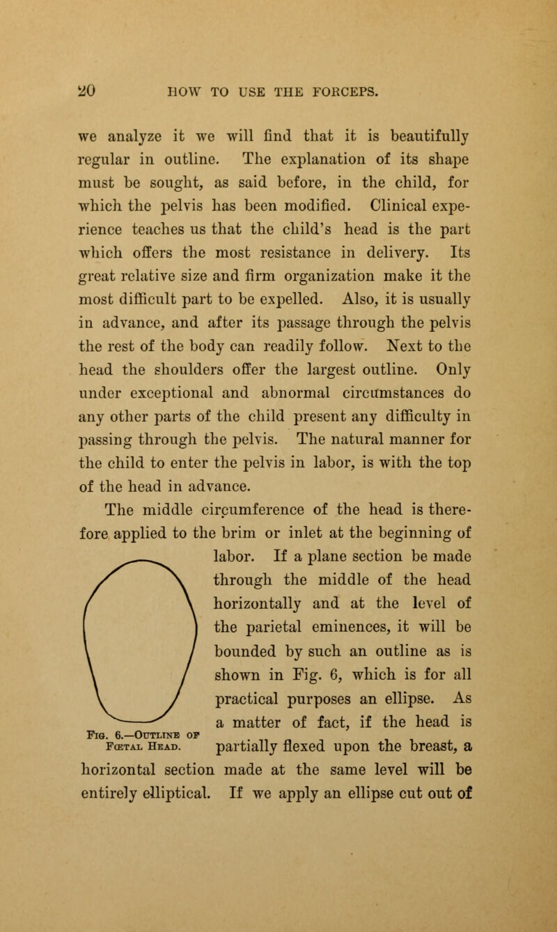 we analyze it we will find that it is beautifully regular in outline. The explanation of its shape must be sought, as said before, in the child, for which the pelvis has been modified. Clinical expe- rience teaches us that the child's head is the part which offers the most resistance in delivery. Its great relative size and firm organization make it the most difficult part to be expelled. Also, it is usually in advance, and after its passage through the pelvis the rest of the body can readily follow. Next to the head the shoulders offer the largest outline. Only under exceptional and abnormal circumstances do any other parts of the child present any difficulty in passing through the pelvis. The natural manner for the child to enter the pelvis in labor, is with the top of the head in advance. The middle circumference of the head is there- fore applied to the brim or inlet at the beginning of labor. If a plane section be made through the middle of the head horizontally and at the level of the parietal eminences, it will be bounded by such an outline as is shown in Fig. 6, which is for all practical purposes an ellipse. As a matter of fact, if the head is Fig. 6.—Outline of fcetal head. partially flexed upon the breast, a horizontal section made at the same level will be entirely elliptical. If we apply an ellipse cut out of