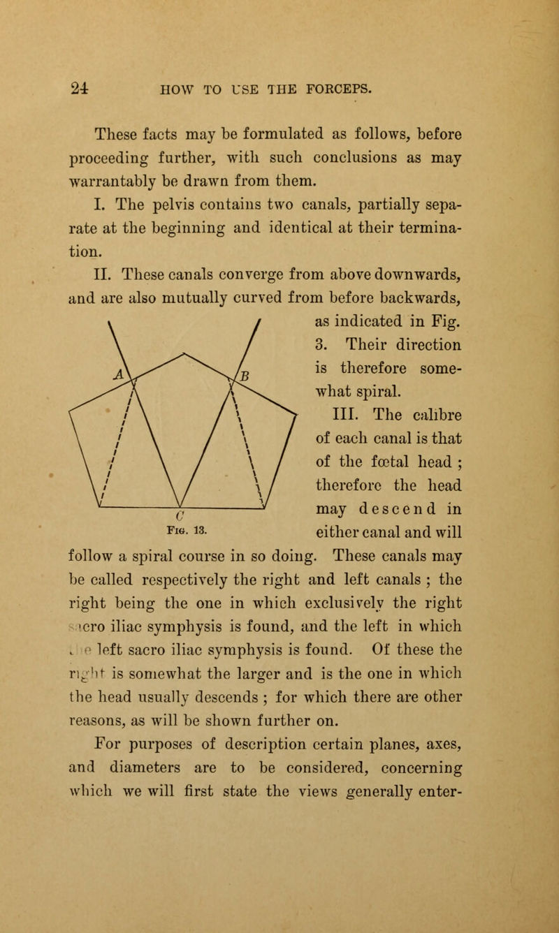 These facts may be formulated as follows, before proceeding further, with such conclusions as may warrantably be drawn from them. I. The pelvis contains two canals, partially sepa- rate at the beginning and identical at their termina- tion. II. These canals converge from above downwards, and are also mutually curved from before backwards, as indicated in Fig. 3. Their direction is therefore some- what spiral. III. The calibre of each canal is that of the foetal head ; therefore the head may descend in Fl«- 13- either canal and will follow a spiral course in so doing. These canals may be called respectively the right and left canals ; the right being the one in which exclusively the right •cro iliac symphysis is found, and the left in which loft sacro iliac symphysis is found. Of these the right is somewhat the larger and is the one in which the head usually descends ; for which there are other reasons, as will be shown further on. For purposes of description certain planes, axes, and diameters are to be considered, concerning which we will first state the views generally enter-