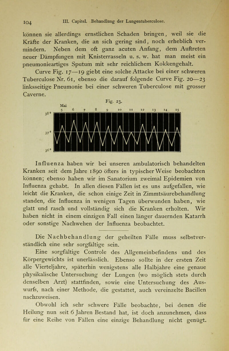 können sie allerdings ernstlichen Schaden bringen, weil sie die Kräfte der Kranken, die an sich gering sind, noch erheblich ver- mindern. Neben dem oft ganz acuten Anfang, dem Auftreten neuer Dämpfungen mit Knisterrasseln u. s. w. hat man meist ein pneumonieartiges Sputum mit sehr reichlichem Kokkengehalt. Curve Fig. 17—19 giebt eine solche Attacke bei einer schweren Tuberculose Nr. 61, ebenso die darauf folgende Curve Fig. 20—23 linksseitige Pneumonie bei einer schweren Tuberculose mit grosser Caverne. Fig- 23. Influenza haben wir bei unseren ambulatorisch behandelten Kranken seit dem Jahre 1890 öfters in typischer Weise beobachten können; ebenso haben wir im Sanatorium zweimal Epidemien von Influenza gehabt. In allen diesen Fällen ist es uns aufgefallen, wie leicht die Kranken, die schon einige Zeit in Zimmtsäurebehandlung standen, die Influenza in wenigen Tagen überwunden haben, wie glatt und rasch und vollständig sich die Kranken erholten. Wir haben nicht in einem einzigen Fall einen länger dauernden Katarrh oder sonstige Nachwehen der Influenza beobachtet. Die Nachbehandlung der geheilten Fälle muss selbstver- ständlich eine sehr sorgfältige sein. Eine sorgfältige Controle des Allgemeinbefindens und des Körpergewichts ist unerlässlich. Ebenso sollte in der ersten Zeit alle Vierteljahre, späterhin wenigstens alle Halbjahre eine genaue physikalische Untersuchung der Lungen (wo möglich stets durch denselben Arzt) stattfinden, sowie eine Untersuchung des Aus- wurfs, nach einer Methode, die gestattet, auch vereinzelte Bacillen nachzuweisen. Obwohl ich sehr schwere Fälle beobachte, bei denen die Heilung nun seit 6 Jahren Bestand hat, ist doch anzunehmen, dass für eine Reihe von Fällen eine einzige Behandlung nicht genügt.