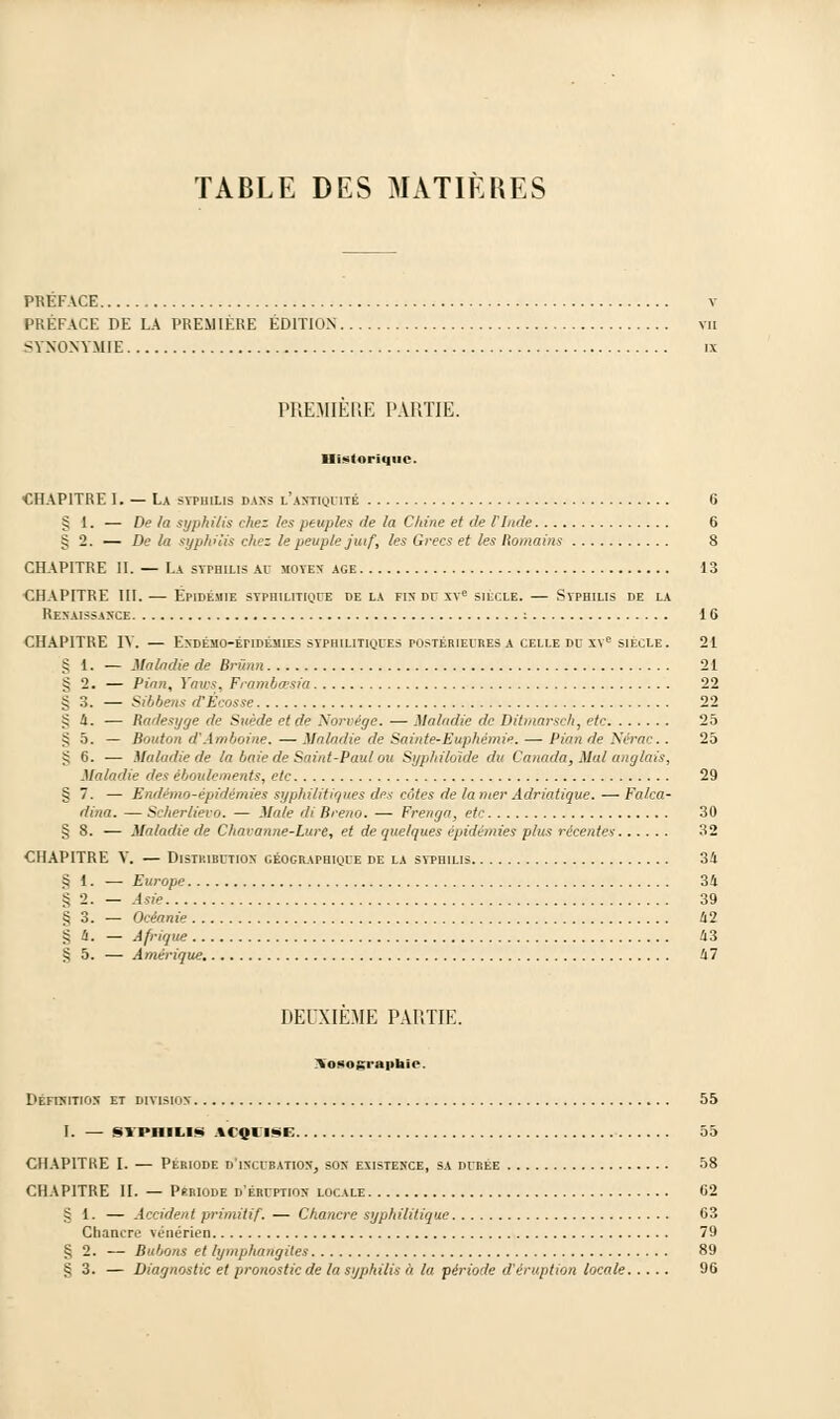 TABLE DES MATIERES PREFACE v PRÉFACE DE LA PREMIÈRE ÉDITION vu SYNONYMIE ix PREMIERE PARTIE. Historique. CHAPITRE I. — La syphilis dans l'antiquité G § 1. — De la syphilis chez les peuples de la Chine et de l'Inde 6 § 2. — De la syphilis chez le peuple juif, les Grecs et les Romains 8 CHAPITRE II. — La syphilis ait moyen âge 13 CHAPITRE III. — Épidémie syphilitique de la fin du xve siècle. — Syphilis de la Renaissance : 16 CHAPITRE IV. — EnDÉMO-ÉPIDÉMIES SYPHILITIQUES POSTÉRIEURES A CELLE DU XVe SIÈCLE. 21 § 1. — Maladie de Briinn 21 § 2. — Pian, Yaws, Frambœsia 22 i 3. — Sibbeus d'Ecosse 22 S 1 ■—■ Radesyge de Suède et de Xorrége. ■— Maladie de Dilmarsch, ete 25 S ô. — Bouton (TAmboine. — Maladie de Sainte-Euphémie. — Pian de Nérac.. 25 § S. ■— Maladie de ta baie de Saint-Paul ou Syphiloide du Canada, Mal anglais, Maladie des éboulements, etc 29 § 7. — Endémo-épidémies syphilitiques des cotes de la mer Adriatique. — Falca- dina. — Scherlievo. — Maie di Breno. -— Frenga, etc 30 § 8. — Maladie de Chat:anne-Lure, et de quelques épidémies plus récentes 32 CHAPITRE Y. — Distrirution géographique de la syphilis 34 § 1. — Europe 3i S 2. — Asie 39 § 3. — Ocèanie 42 § â. — Afrique 43 § 5. — Amérique. 47 REl'XIEME PARTIE. XeSOgpraphie. DÉFINITION ET DIVISION 55 I. — SYPniLIS MOII-I 55 CHAPITRE I. — Période d'incubation, son existence, sa durée 58 CHAPITRE II. — Période d'éruption locale 02 § 1. — Accident primitif. — Chancre syphilitique 63 Chancre vénérien 79 § 2. — Bubons et lymphangites 89 § 3. — Diagnostic et pronostic de la syphilis << la période d'éruption locale 96