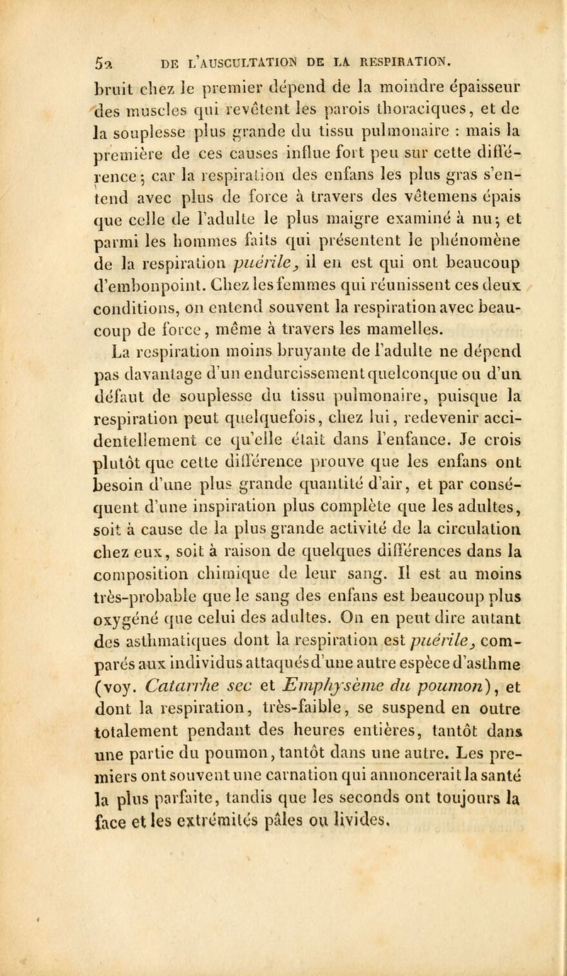 bruit chez le premier dépend de la moindre épaisseur ''des muscles qui revêtent les parois thoraciques, et de la souplesse plus f^rande du tissu pulmonaire : mais la première de ces causes influe fort peu sur cette diffé- rence -, car la respiralioii des enfans les plus gras s'en- tend avec plus de force à travers des vêtemens épais que celle de l'adulte le plus maigre examiné à nu-, et parmi les hommes fails qui présentent le phénomène de la respiration puérile^ il en est qui ont beaucoup d'embonpoint. Chez les femmes qui réunissent ces deux conditions, on entend souvent la respiration avec beau- coup de force, même à travers les mamelles. La respiration moins bruyante de l'adulte ne dépend pas davantage d'un endurcissement quelconque ou d'un défaut de souplesse du tissu pulmonaire, puisque la respiration peut quelquefois, chez lui, redevenir acci- dentellement ce qu'elle était dans l'enfance. Je crois plutôt que cette diiFérence prouve que les enfans ont besoin d'une plus grande quantité d'air, et par consé- quent d'une inspiration plus complète que les adultes, soit à cause de la plus grande activité de la circulation chez eux, soit à raison de quelques difiérences dans la composition chimique de leur sang. Il est au moins très-probable que le sang des enfans est beaucoup plus oxygéné que celui des adultes. On en peut dire autant des asthmatiques dont la respiration est paérilej com- parés aux individus attaquésd'une autre espèce d'asthme (voy. Catarrhe sec et Emphjsème du poumon)^ et dont la respiration, très-faible, se suspend en outre totalement pendant des heures entières, tantôt dans une partie du poumon, tantôt dans une autre. Les pre- miers ont souvent une carnation qui annoncerait la santé la plus parfaite, tandis que les seconds ont toujours la face et les extrémités pides ou livides.