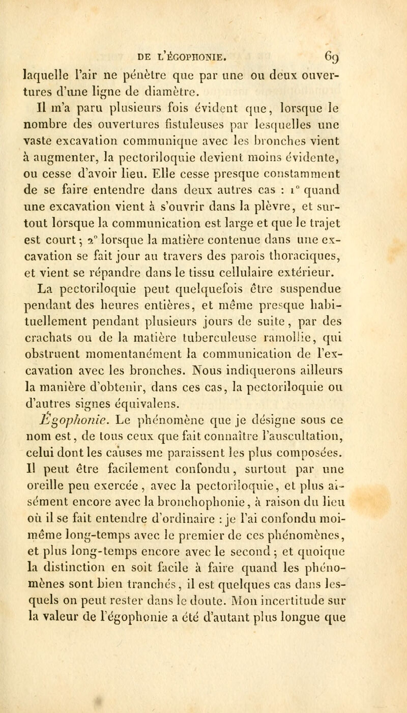 laquelle l'air ne pénètre que par une ou deux ouver- tures d'une lij^ne de diamètre. Il m'a paru plusieurs fois évident que, lorsque le nombre des ouvertures fistuleuses par lesquelles une vaste excavation communique avec les bronches vient à augmenter, la pectoriloquie devient moins évidente, ou cesse d'avoir lieu. Elle cesse presque constamment de se faire entendre dans deux autres cas : 1° quand une excavation vient h s'ouvrir dans la plèvre, et sur- tout lorsque la communication est large et que le trajet est court-, 7. lorsque la matière contenue dans une ex- cavation se fait jour au travers des parois thoraciques, et vient se répandre dans le tissu cellulaire extérieur. La pectoriloquie peut quelquefois être suspendue pendant des heures entières, et même presque habi- tuellement pendant plusieurs jours de suite , par des crachats ou de la matière tuberculeuse ranioliie, qui obstruent momentanément la communication de l'ex- cavation avec les bronches. Nous indiquerons ailleurs la manière d'obtenir, dans ces cas, la pectoriloquie ou d'autres signes équivalons. hgop/i07iie. Le phénomène que je désigne sous ce nom est, de tous ceux c{ue fait connaître l'auscultation, celui dont les causes me paraissent les plus composées. 11 peut être facilement confondu, surtout par une oreille peu exercée , avec la pectoriloquie, et plus ai- sément encore avec la bronchophonie, à raison du lieu où il se fait entendre d'ordinaire : je l'ai confondu moi- même long-temps avec le premier de ces phénomènes, et plus long-temps encore avec le second 5 et quoique la distinction en soit facile à faire quand les phéno- mènes sont bien tranchés, il est quelques cas dans les- quels on peut rester dans le doute. Mon incertitude sur la valeur de Tégophonie a été d'autant plus longue que