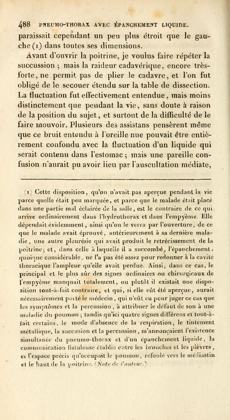 paraissait cependant un peu plus ëtroit que le gau- che (i) dans toutes ses dimensions. Avant d'ouvrir la poitrine, je voulus faire répéter la succussion ; mais la raideur cadavérique, encore très- forte, ne permit pas de plier le cadavre, et l'on fut obligé de le secouer étendu sur la table de dissection. La fluctuation fut effectivement entendue, mais moins distinctement que pendant la vie, sans doute à raison de la position du sujet, et surtout de la difficulté de le faire mouvoir. Plusieurs des assistans pensèrent même que ce bruit entendu à l'oreille nue pouvait être entiè- rement confondu avec la fluctuation d'un liquide qui serait contenu dans l'estomac ; mais une pareille con- fusion n'aurait pu avoir lien par rauscullation médiate, (i) Cette disposition, qu'on n'avait pas aperçue pendant ia vie parce quelle était peu marquée, et parce que le malade ét;iit placé dans une partie mal éclairée de la satfe, est le contraire de ce qui arrive ordinairement dans Thydrolliorax et dans l'empyeme. Elle dépendait évidemment, ainsi qu'on le verra par l'ouverture, de ce que le malade avait éprouvé, antérieurement à sa dernière mala- die , une autre pleurésie qui avait produit le rétrécissement de ia poitrine; et, dans celle à laquelle il a succombé, l'épancbement, quoique considérable, ne l'a pas été assez pour redonner à la cavité ihoracique l'ampleur qu'elle avait perdue. Ainsi, dans ce cas, le principal et le phis sûr des signes ordinaires ou cbirtirgicaux de l'empyônie manquait totalement, ou plutôt il existait une dispo- sition lout-à-fait contraire, tt qui, si elle eût été aperçue, aurait nécessairement porté le médecin , qui n'eût eu peur juger ce cas que les symptômes et la percussion , à attribuer le défaut de son à une niidadie du poumon ; tandis qu'ici quatre signes dif'férens et tout-à- lait cerlait]s, le mode d'absence de la respiration, le tintement métallique, la succiistors et la percussion , m'annonçaient l'existence simultanée du prieumo-thorax et d'un épanchcment liquide, la communication fistulcuse établie entre les brouches et les plèvres, ei l'espace précis qu'occupant le poumon, refoulé vers le mcdiastiR et le haut de la poiLi-itic. (Note do Panltu'.)