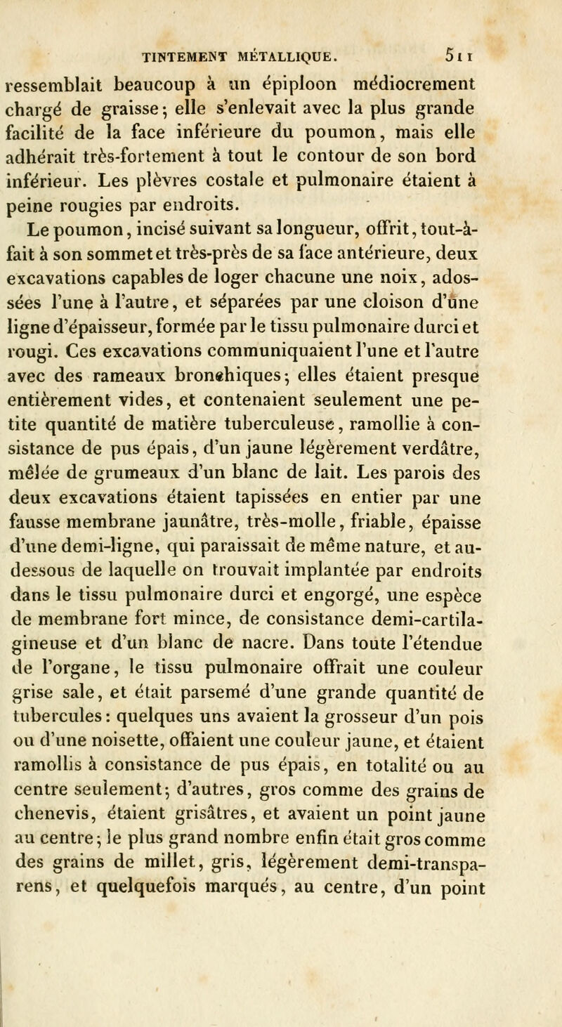 ressemblait beaucoup à un épiploon mëdiocreraent chargé de graisse ; elle s'enlevait avec la plus grande facilité de la face inférieure du poumon, mais elle adhérait très-fortement à tout le contour de son bord inférieur. Les plèvres costale et pulmonaire étaient à peine rougies par endroits. Le poumon, incisé suivant sa longueur, offrit, tout-à- fait à son sommet et très-près de sa face antérieure, deux excavations capables de loger chacune une noix, ados- sées l'une à l'autre, et séparées par une cloison d'une ligne d'épaisseur, formée par le tissu pulmonaire durci et rougi. Ces excavations communiquaient l'une et l'autre avec des rameaux bronehiques; elles étaient presque entièrement vides, et contenaient seulement une pe- tite quantité de matière tuberculeuse, ramollie à con- sistance de pus épais, d'un jaune légèrement verdâtre, mêlée de grumeaux d'un blanc de lait. Les parois des deux excavations étaient tapissées en entier par une fausse membrane jaunâtre, très-molle, friable, épaisse d'une demi-ligne, qui paraissait de même nature, et au- dessous de laquelle on trouvait implantée par endroits dans le tissu pulmonaire durci et engorgé, une espèce de membrane fort mince, de consistance demi-cartila- gineuse et d'un blanc de nacre. Dans toute l'étendue de l'organe, le tissu pulmonaire offrait une couleur grise sale, et était parsemé d'une grande quantité de tubercules: quelques uns avaient la grosseur d'un pois ou d'une noisette, offaient une couleur jaune, et étaient ramollis à consistance de pus épais, en totalité ou au centre seulement-, d'autres, gros comme des grains de chenevis, étaient grisâtres, et avaient un point jaune au centre ; le plus grand nombre enfin était gros comme des grains de millet, gris, légèrement derai-transpa- rens, et quelquefois marqués, au centre, d'un point