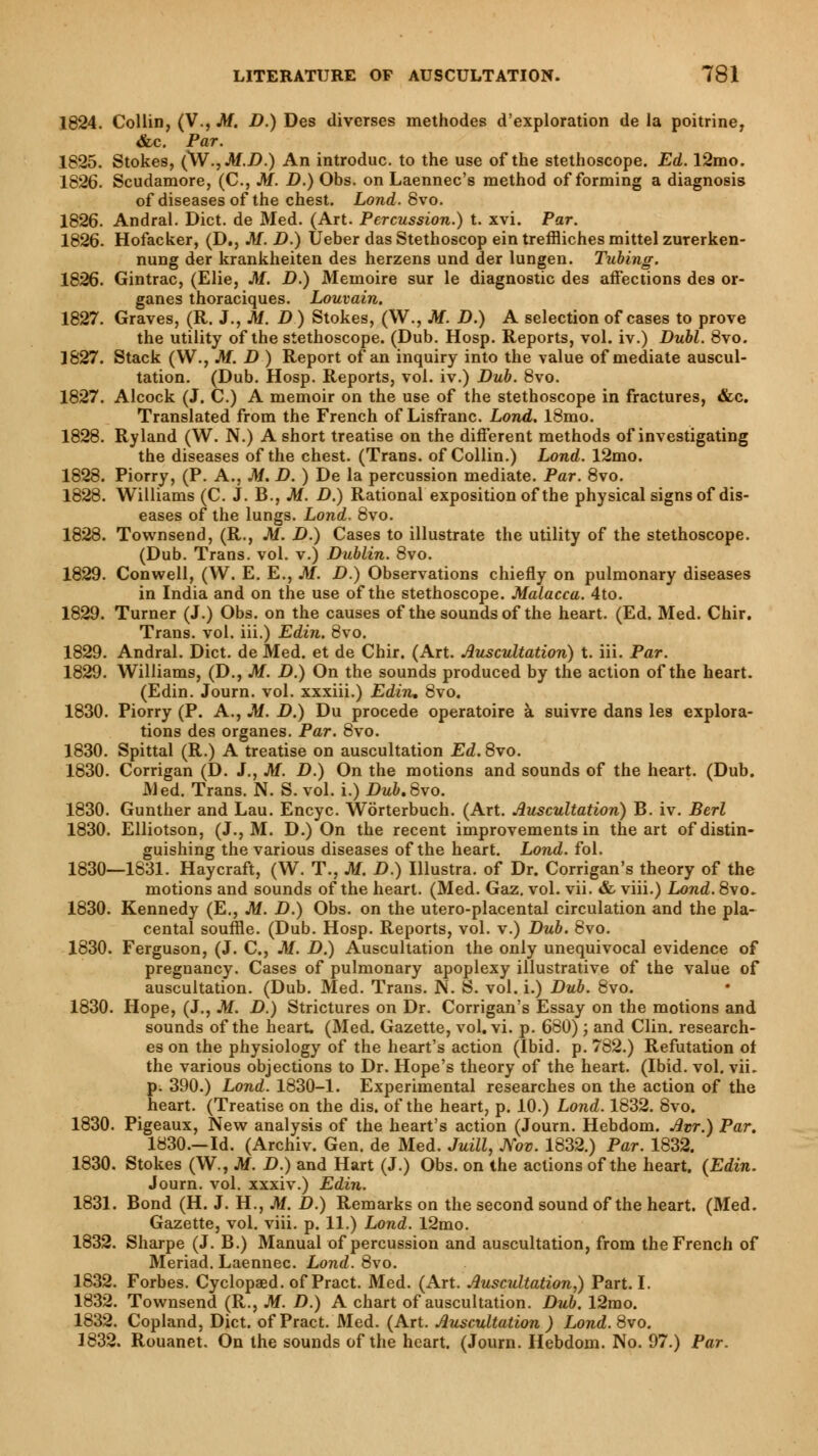 1824. Collin, (V., M. D.) Des diverses méthodes d'exploration de la poitrine, &c. Par. 1825. Stokes, (W.,M.D.) An introduc. to the use of the stethoscope. Ed. 12mo. 1826. Scudamore, (C, M. D.) Obs. on Laennec's method of forming a diagnosis of diseases of the chest. Lond. 8vo. 1826. Andral. Diet, de Med. (Art. Percussion.) t. xvi. Par. 1826. Hofacker, (D., M. D.) Ueber das Stethoscop ein treffliches mittel zurerken- nung der krankheiten des herzens und der lungen. Tubing. 1826. Gintrac, (Elie, M. D.) Mémoire sur le diagnostic des affections des or- ganes thoraciques. Louvain. 1827. Graves, (R. J., M. D) Stokes, (W., M. D.) A selection of cases to prove the utility of the stethoscope. (Dub. Hosp. Reports, vol. iv.) Dubl. 8vo. 1827. Stack (W., M. D) Report of an inquiry into the value of mediate auscul- tation. (Dub. Hosp. Reports, vol. iv.) Dub. 8vo. 1827. Alcock (J. C.) A memoir on the use of the stethoscope in fractures, &c. Translated from the French of Lisfranc. Lond. 18mo. 1828. Ryland (W. N.) A short treatise on the different methods of investigating the diseases of the chest. (Trans, of Collin.) Lond. 12mo. 1828. Piorry, (P. A., M. D. ) De la percussion mediate. Par. 8vo. 1828. Williams (C. J. B., M. D.) Rational exposition of the physical signs of dis- eases of the lungs. Lond. 8vo. 1828. Tovvnsend, (R., M. D.) Cases to illustrate the utility of the stethoscope. (Dub. Trans, vol. v.) Dublin. 8vo. 1829. Conwell, (W. E. E., M. D.) Observations chiefly on pulmonary diseases in India and on the use of the stethoscope. Malacca. 4to. 1829. Turner (J.) Obs. on the causes of the sounds of the heart. (Ed. Med. Chir. Trans, vol. iii.) Edin. 8vo. 1829. Andral. Diet, de Med. et de Chir. (Art. Auscultation) t. iii. Par. 1829. Williams, (D., M. D.) On the sounds produced by the action of the heart. (Edin. Journ. vol. xxxiii.) Edin. 8vo. 1830. Piorry (P. A., M. D.) Du procède opératoire à suivre dans les explora- tions des organes. Par. 8vo. 1830. Spittal (R.) A treatise on auscultation Ed. 8vo. 1830. Corrigan (D. J., M. D.) On the motions and sounds of the heart. (Dub. Med. Trans. N. S. vol. i.) Dub.8vo. 1830. Gunther and Lau. Encyc. Worterbuch. (Art. Auscultation) B. iv. Berl 1830. Elliotson, (J., M. D.) On the recent improvements in the art of distin- guishing the various diseases of the heart. Lond. fol. 1830—1831. Haycraft, (W. T., M. D.) Illustra, of Dr. Corrigan's theory of the motions and sounds of the heart. (Med. Gaz. vol. vii. & viii.) Lond. 8vo. 1830. Kennedy (E., M. D.) Obs. on the utero-placental circulation and the pla- cental souffle. (Dub. Hosp. Reports, vol. v.) Dub. 8vo. 1830. Ferguson, (J. C, M. D.) Auscultation the only unequivocal evidence of pregnancy. Cases of pulmonary apoplexy illustrative of the value of auscultation. (Dub. Med. Trans. N. S. vol. i.) Dub. 8vo. 1830. Hope, (J., M. D.) Strictures on Dr. Corrigan's Essay on the motions and sounds of the heart. (Med. Gazette, vol. vi. p. 680) ; and Clin, research- es on the physiology of the heart's action (Ibid. p. 782.) Refutation of the various objections to Dr. Hope's theory of the heart. (Ibid. vol. vii. p. 390.) Lond. 1830-1. Experimental researches on the action of the heart. (Treatise on the dis. of the heart, p. 10.) Lond. 1832. 8vo. 1830. Pigeaux, New analysis of the heart's action (Journ. Hebdom. Avr.) Par. 1830.—Id. (Archiv. Gen. de Med. Juill, Nov. 1832.) Par. 1832. 1830. Stokes (W., M. D.) and Hart (J.) Obs. on the actions of the heart. {Edin. Journ. vol. xxxiv.) Edin. 1831. Bond (H. J. H., M. D.) Remarks on the second sound of the heart. (Med. Gazette, vol. viii. p. 11.) Lond. 12mo. 1832. Sharpe (J. B.) Manual of percussion and auscultation, from the French of Meriad. Laennec. Lond. 8vo. 1832. Forbes. Cyclopaed. of Pract. Med. (Art. Auscultation,) Part. I. 1832. Townsend (R., M. D.) A chart of auscultation. Dub. 12rao. 1832. Copland, Diet, of Pract. Med. (Art. Auscultation) Lond. 8vo. 1832. Rouanet. On the sounds of the heart. (Journ. Hebdom. No. 97.) Par.