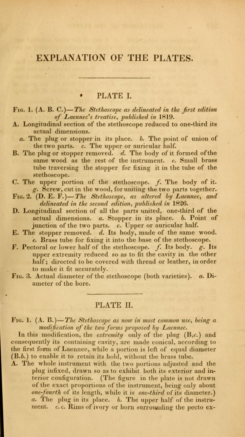 EXPLANATION OF THE PLATES. • PLATE I. Fig. 1. (A. B. C.)—The Stethoscope as delineated in the first edition of Laennec's treatise, published in 1819. A. Longitudinal section of the stethoscope reduced to one-third its actual dimensions. a. The plug or stopper in its place, b. The point of union of the two parts, c. The upper or auricular half. B. The plug or stopper removed, d. The body of it formed of the same wood as the rest of the instrument, e. Small brass tube traversing the stopper for fixing it in the tube of the stethoscope. C. The upper portion of the stethoscope, f. The body of it. g. Screw, cut in the wood, for uniting the two parts together. Fig. 2. (D. E. F.)—The Stethoscope, as altered by Laennec, and delineated in the second edition, published in 1826. D. Longitudinal section of all the parts united, one-third of the actual dimensions, a. Stopper in its place, b. Point of junction of the two parts, c. Upper or auricular half. E. The stopper removed, d. Its body, made of the same wood. e. Brass tube for fixing it into the base of the stethoscope. F. Pectoral or lower half of the stethoscope. /. Its body. g. Its upper extremity reduced so as to fit the cavity in the other half; directed to be covered with thread or leather, in order to make it fit accurately. Fig. 3. Actual diameter of the stethoscope (both varieties), a. Di- ameter of the bore. PLATE II. Fig. 1. (A. B.)—The Stethoscope as now in most common use, being a modification of the two forms proposed by Laennec. In this modification, the extremity only of the plug (B,e.) and consequently its containing cavity, are made conical, according to the first form of Laennec, while a portion is left of equal diameter (B.6.) to enable it to retain its hold, without the brass tube. A. The whole instrument with the two portions adjusted and the plug infixed, drawn so as to exhibit both its exterior and in- terior configuration. (The figure in the plate is not drawn of the exact proportions of the instrument, being only about one-fourth of its length, while it is one-third of its diameter.) a. The plug in its place, b. The upper half of the instru- ment, c. c. Rims of ivory or horn surrounding the pecto ex-