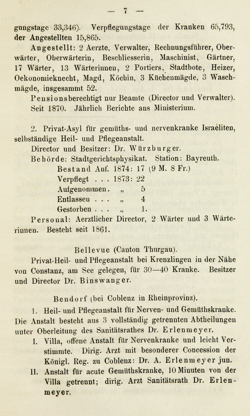 gungstage 33,346). Verpflegungstage der Kranken 65,793, der Angestellten 15,865. Angestellt: 2 Aerzte, Verwalter, Rechnungsführer, Ober- wärter, Oberwärterin, Beschliesserin, Maschinist, Gärtner, 17 Wärter, 13 Wärterinnen, 2 Portiers, Stadtbote, Heizer, Oekonomieknecht, Magd, Köchin, 3 Küchenmägde, 3 Wasch- mägde, insgesammt 52. Pensionsberechtigt nur Beamte (Director und Verwalter). Seit 1870. Jährlich Berichte ans Ministerium. 2. Privat-Asyl für gemüths- und nervenkranke Israeliten, selbständige Heil- und Pflegeanstalt. Director und Besitzer: Dr. Würzburger. Behörde: Stadtgerichtsphysikat. Station: Bayreuth. Bestand Anf. 1874: 17 (9 M. 8 Fr.) Verpflegt ... 1873: 22 Autgenommen. „ 5 Entlassen ... „ 4 Gestorben ... „ 1. Personal: Aerztlicher Director, 2 Wärter und 3 Wärte- rinnen. Besteht seit 1861. Bellevue (Canton Thurgau). Privat-Heil- und Pflegeanstalt bei Krenzlingen in der Nähe von Constanz, am See gelegen, für 30—40 Kranke. Besitzer und Director Dr. Binswanger. Bendorf (bei Coblenz in Rheinprovinz). I. Heil- und Pflegeanstalt für Nerven- und Gemüthskranke. Die Anstalt besteht aus 3 vollständig getrennten Abtheilungen unter Oberleitung des Sanitätsrathes Dr. Erlenmeyer. 1. Villa, offene Anstalt für Nervenkranke und leicht Ver- stimmte. Dirig. Arzt mit besonderer Concession der König]. Reg. zu Coblenz: Dr. A. Erlenmeyer jun. II. Anstalt für acute Gemüthskranke, 10 Minuten von der Villa getrennt; dirig. Arzt Sanitätsrath Dr. Erlen- meyer.