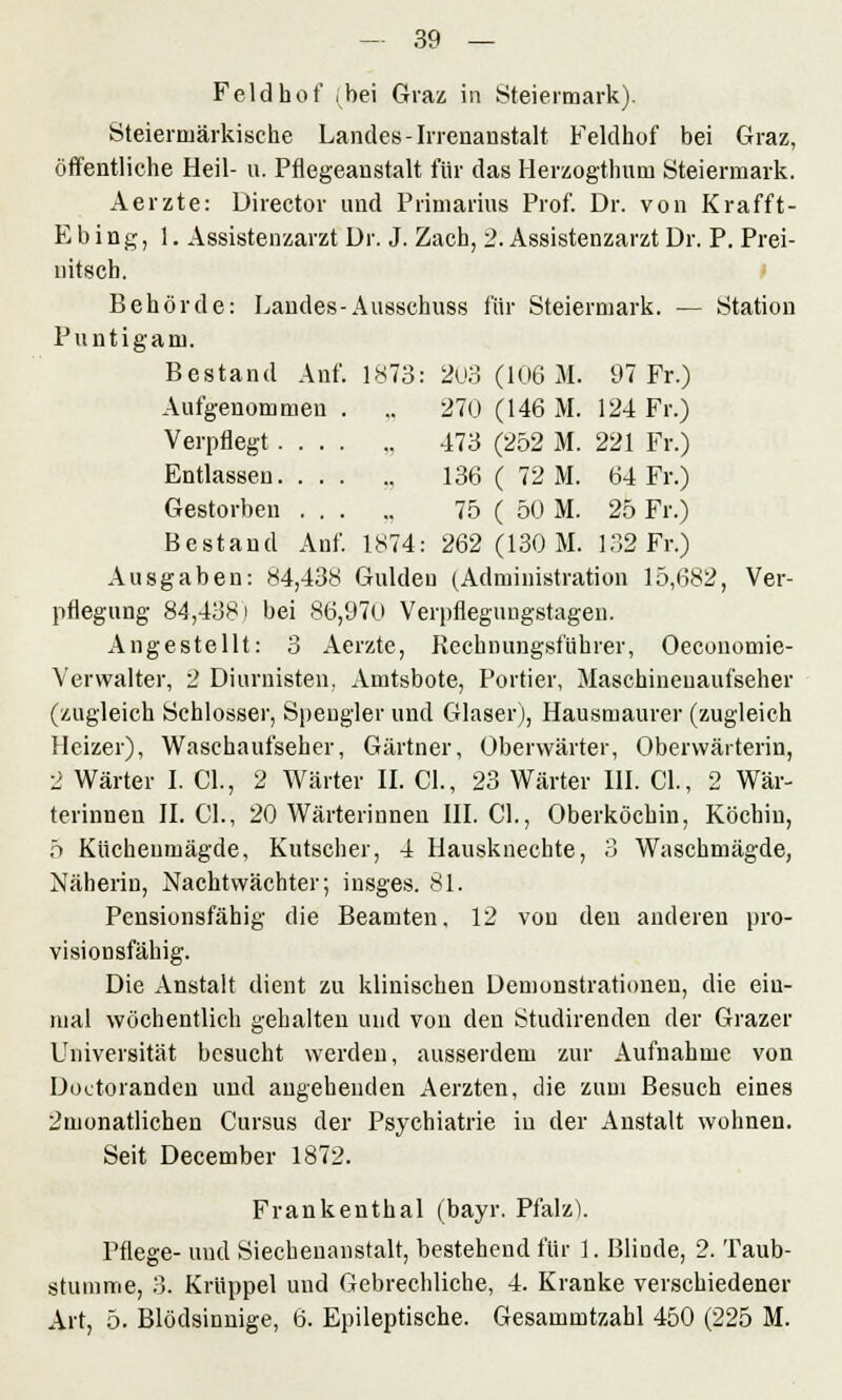 Feldhof .bei Graz in Steiermark). Steiermärkische Landes-Irrenanstalt Feldhof bei Graz, öffentliche Heil- n. Pflegeanstalt für das Herzogthucn Steiermark. Aerzte: Director and Primarius Prof. Dr. von Krafft- Ebing, 1. Assistenzarzt Dr. J. Zach, 2. Assistenzarzt Dr. P. Prei- nitsch. Behörde: Landes-Ausschuss für Steiermark. — Station Puntigam. Bestand Anf. 1873: 203 (106 M. 97 Fr.) Aufgenommen . .. 270 (146 M. 124 Fr.) Verpflegt 473 (252 M. 221 Fr.) Entlassen. ... ,, 136 ( 72 M. 64 Fr.) Gestorben 75 ( 50 M. 25 Fr.) Bestand Anf. 1874: 262 (130 M. 132 Fr.) Ausgaben: 84,438 Gulden (Administration 15,682, Ver- pflegung 84,438) bei 86,970 Verpflegungstagen. Angestellt: 3 Aerzte, Rechnungsführer, Oeconomie- Verwalter, 2 Diurnisten, Amtsbote, Portier, Maschinenaufseher (zugleich Schlosser, Spengler und Glaser j, Hausmaurer (zugleich Heizer), Waschaufseher, Gärtner, Oberwärter, Obenvärterin, 2 Wärter I. Gl., 2 Wärter II. Cl., 23 Wärter III. GL, 2 Wär- terinneu II. Gl., 20 Wärterinnen III. Cl., Oberköchin, Köchin, 5 Kücheumägde, Kutscher, 4 Hausknechte, 3 Waschmägde, Näherin, Nachtwächter; insges. 81. Pensionsfähig die Beamten, 12 von den anderen pro- visionsfähig. Die Anstalt dient zu klinischen Demonstrationen, die ein- mal wöchentlich gehalten und von den Studirendcn der Grazer Universität besucht werden, ausserdem zur Aufnahme von üoetoranden und angehenden Aerzten, die zum Besuch eines 2monatlichen Cursus der Psychiatrie in der Anstalt wohnen. Seit December 1872. Frankenthal (bayr. Pfalz). Pflege- und Siechenanstalt, bestehend für 1. Blinde, 2. Taub- stumme, 3. Krüppel und Gebrechliche, 4. Kranke verschiedener Art, 5. Blödsinnige, 6. Epileptische. Gesammtzahl 450 (225 M.