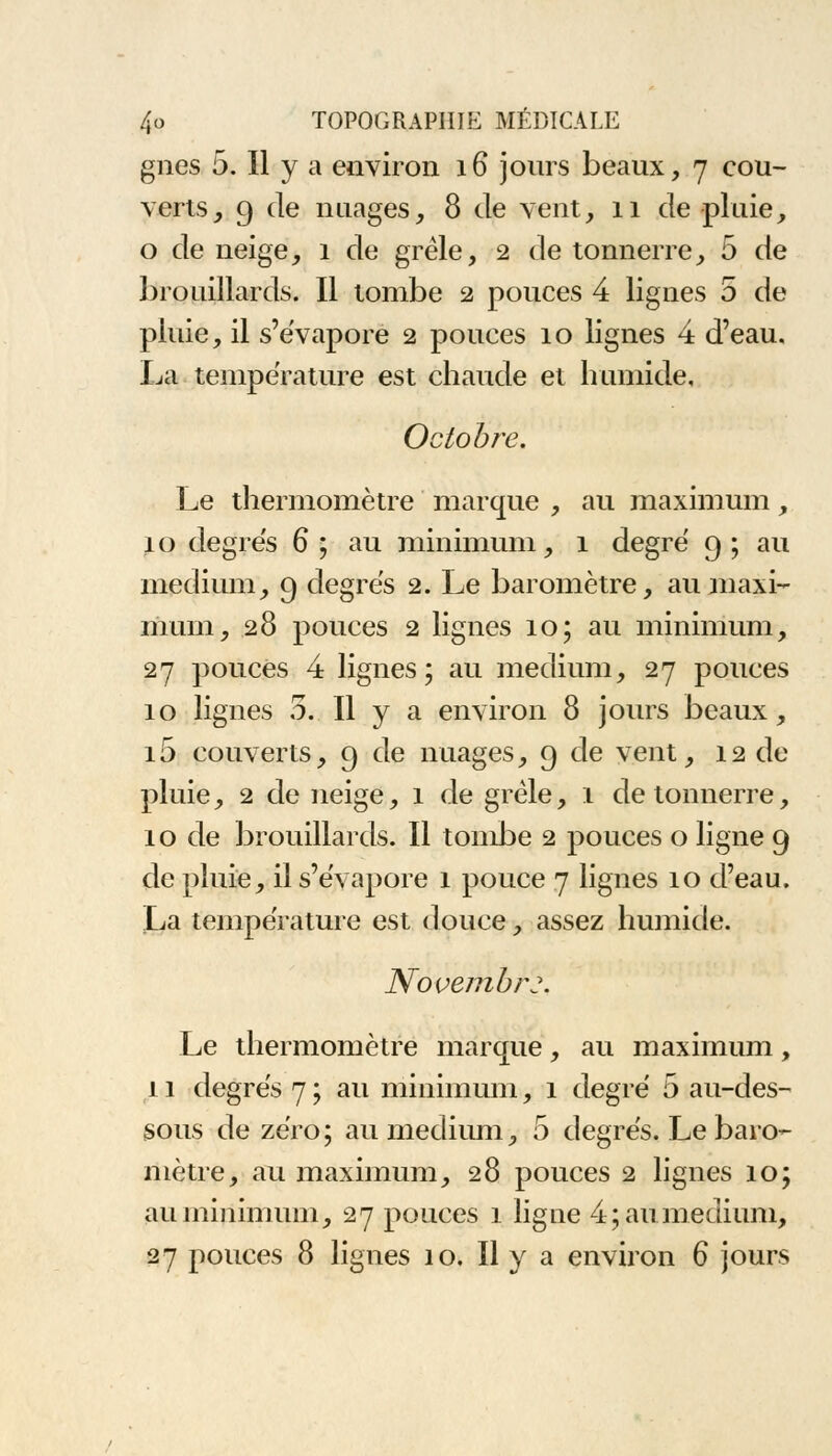 gnes 5. Il y a environ 16 jours beaux, 7 cou- verts, 9 de nuages, 8 de vent, 11 de pluie, o de neige, 1 de grêle, 2 de tonnerre, 5 de brouillards. Il tombe 2 pouces 4 lignes 5 de pluie, il s'évapore 2 pouces 10 lignes 4 d'eau. La température est chaude et humide. Octobre. Le thermomètre marque , au maximum, 10 degre's 6; au minimum, 1 degré 9; au médium, 9 degrés 2. Le baromètre, au maxi- mum, 28 pouces 2 lignes 10; au minimum, 27 pouces 4 lignes; au médium, 27 pouces 10 lignes 5. Il y a environ 8 jours beaux, i5 couverts, 9 de nuages, 9 de vent, 12 de pluie, 2 de neige, 1 de grêle, 1 de tonnerre, 10 de brouillards. Il tombe 2 pouces o ligne 9 de pluie, il s'évapore 1 pouce 7 lignes 10 d'eau. La température est douce, assez humide. Novembr:. Le thermomètre marque, au maximum, 11 degrés 7 ; au minimum, 1 degré 5 au-des- sous de zéro; au médium, 5 degrés. Le baro- mètre, au maximum, 28 pouces 2 lignes 10; au minimum, 27 pouces 1 ligne 4; an médium, 27 pouces 8 lignes 10, Il y a environ 6 jours