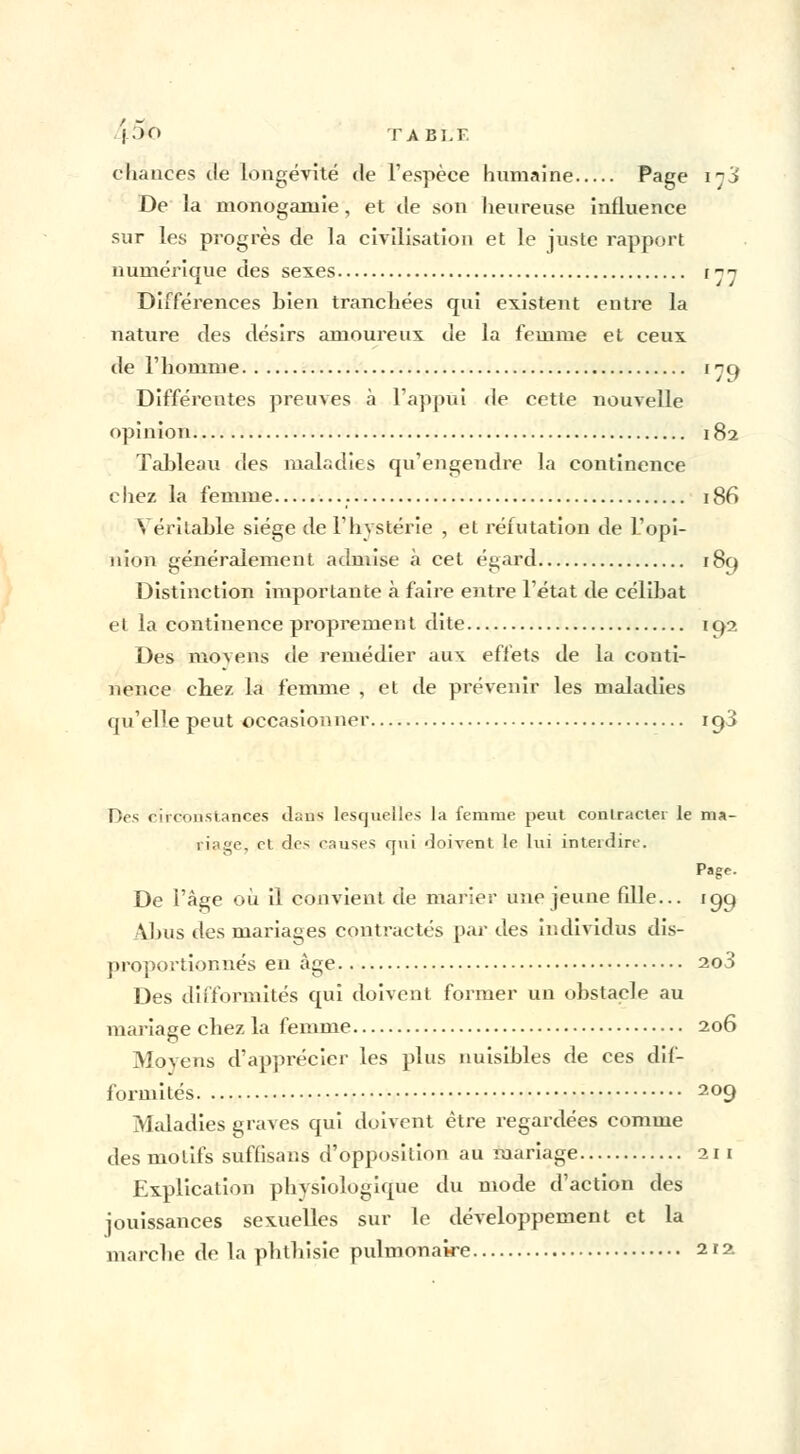 chances de longévité de l'espèce humaine Page iy3 De la monogamie, et de son heureuse influence sur les progrès de la civilisation et le juste rapport numérique des sexes i nn Différences bien tranchées qui existent entre la nature des désirs amoureux de la femme et ceux de l'homme 179 Différentes preuves à l'appui de cette nouvelle opinion 182 Tableau des maladies qu'engendre la continence chez la femme 186 Véritable siège de l'hystérie , et réfutation de L'opi- nion généralement admise à cet égard 189 Distinction importante à faire entre l'état de célibat el la continence proprement dite 192 Des niovens de remédier aux effets de la conti- nence chez la femme , et de prévenir les maladies qu'elle peut occasionner ic)3 Des circonstances dans lesquelles la femme peut conlractei le ma- riage, el des causes qui doivent le lui interdire. Page. De l'âge où il convient de marier une jeune fille... 199 Abus des mariages contractés par des individus dis- proportionnés eu âge 2o3 Des difformités qui doivent former un obstacle au mariage chez la femme 206 Moyens d'apprécier les plus nuisibles de ces dif- formités 209 Maladies graves qui doivent être regardées comme des motifs suffisons d'opposition au mariage 211 Explication physiologique du mode d'action des jouissances sexuelles sur le développement et la marche de la phthisie pulmonaire 212.