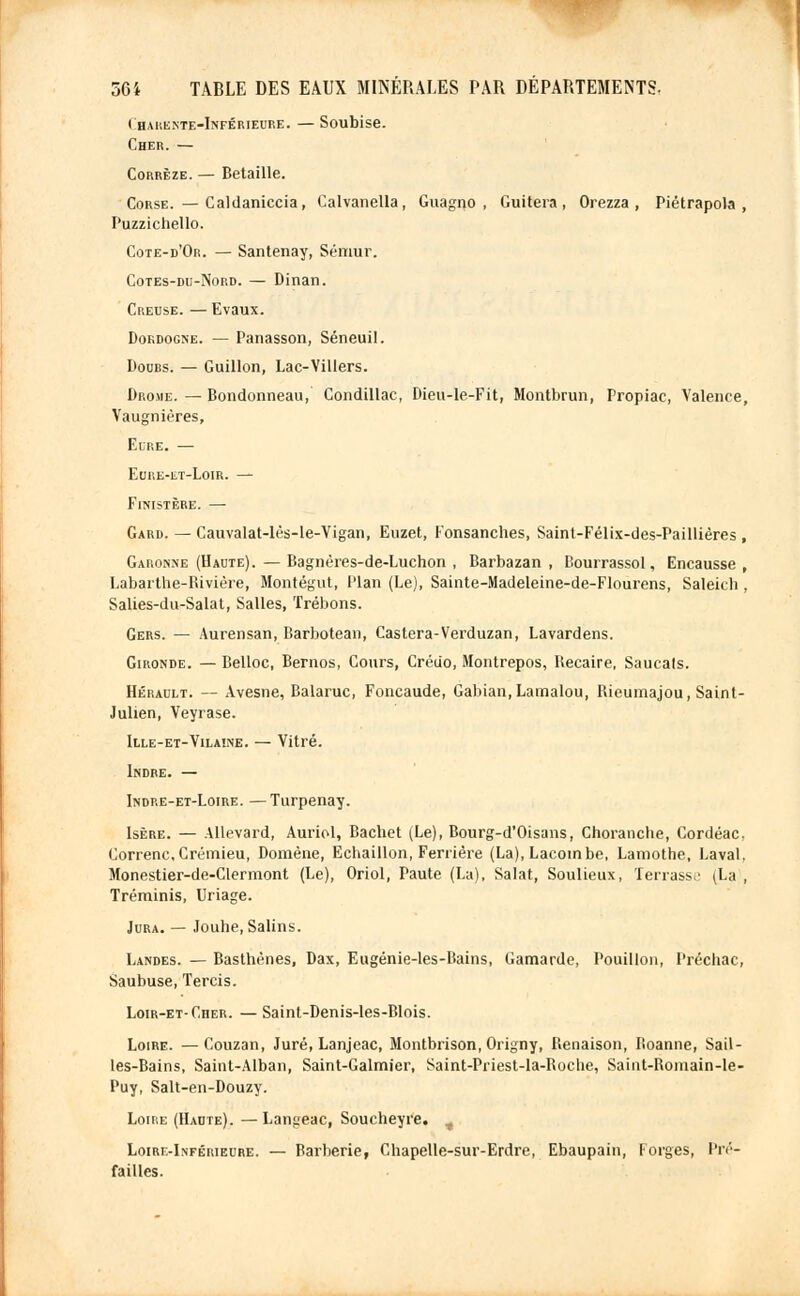 Charente-Inférieure. — Soubise. Cher. — Corrèze. — Betaille. Corse. — Caldaniccia, Calvanella, Guagno , Guitera , Orezza , Piétrapola , Puzzichello. Cote-d'Or. — Santenay, Séraur. Cotes-du-Nord. — Dinan. Creuse. — Evaux. Dokdogne. — Panasson, Séneuil. Doubs. — Guillon, Lac-Villers. Drome. — Bondonneau, Condillac, Dieu-le-Fit, Montbrun, Propiac, Valence, Vaugnières, Eure. — eure-et-loir. — Finistère. — Gard. — Cauvalat-lès-le-Vigan, Euzet, l'onsanches, Sainl-Félix-des-Paillières , Garonne (Haute). — Bagnères-de-Luchon , Barbazan , Bourrassol, Encausse , Labarthe-Rivière, Montégut, l'ian (Le), Sainte-Madeleine-de-Flourens, Saleich, Salies-du-Salat, Salles, Trébons. Gers. — Aurensan, Barbotean, Castera-Verduzan, Lavardens. Gironde. — Belloc, Bernos, Cours, Créiio, Montrepos, Becaire, Sauçais. Hérault. — Avesne, Balaruc, Foncaude, Gabian.Lamalou, Bieumajou, Saint- Julien, Veyrase. Ille-et- Vilaine. — Vitré. Indre. — Indre-et-Loire. —Turpenay. Isère. — Allevard, Auriol, Bachet (Le), Bourg-d'Oisans, Chorancbe, Cordéacr Correnc, Crémieu, Domène, Echaillon, Ferrière (La), Lacombe, Lamothe, Laval. Monestier-de-Clermont (Le), Oriol, Paute (La), Salât, Soulieux, Terrasse \La , Tréminis, Uriage. Jura. — Jouhe, Salins. Landes. — Basthènes, Dax, Eugénie-les-Bains, Gamarde, Pouillon, Préchac, Saubuse, Tercis. Loir-et-Cher. — Saint-Denis-les-Blois. Loire. —Couzan, Juré, Lanjeac, Montbrison, Origny, Benaison, Boanne, Sail- les-Bains, Saint-Alban, Saint-Galrnier, Saint-Priest-la-Boche, Saint-Bomain-le- Puy, Salt-en-Douzy. Loire (Haute). —Langeac, Soucheyre. T Loire-Inférieure. — Barberie, Chapelle-sur-Erdre, Ebaupain, forges, Pré- failles.