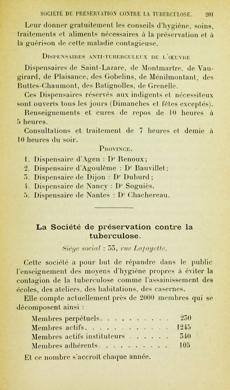 Leur donner gratuitement les conseils d'hygiène, soins, traitements et aliments nécessaires à la préservation et à la gnérison de cette maladie contagieuse. Dispensaires anti-tuberculeux de l'oeuvre Dispensaires de Saint-Lazare, de Montmartre, de Vau- girard, de Plaisance, des Gobelins, de Ménilmontanl, des Buttes-Chaumont, des Batignolles, de Grenelle. Ces Dispensaires réservés aux indigents et nécessiteux sont ouverts tous les jours (Dimanches et fêtes exceptés). Renseignements et cures de repos de 1(1 heures à 5 heures. Consultations et traitement de 7 heures et demie à 10 heures du soir. Province. 1. Dispensaire d'Agen : D1 Renoux; 2. Dispensaire d'Agoulème : D' Bauvillet ; .. Dispensaire de Dijon : D' Duburd ; i. Dispensaire de Nancy : D' Soguiès. 5. Dispensaire de Nantes : D' Chachereau. La Société de préservation contre la tuberculose. Siège social : 33, rue Lafayette, Cette société a pour but de répandre dans le public renseignement des moyens d'hygiène propres à éviter la contagion de la tuberculose comme l'assainissement des écoles, des ateliers, des habitations, des casernes. Elle compte actuellement près de 2000 membres qui se décomposent ainsi : Membres perpétuels 230 Membres actifs . 1245 Membres actifs instituteurs 540 Membres adhérents 105 Et ce nombre s'accroît chaque année.