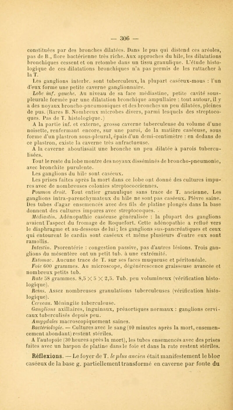 constituées par des bronches dilatées. Dans le pus qui distend ces aréoles, pas de I!., Dore bactérienne très riche. Aux approches du hile, les dilatations bronchiques cessent et on retombe dans un tissu granulique. L'élude histo- logique de ces dilatations bronchiques n'a pas permis de les rattacher à la T. Les ganglions interbr. sont tuberculeux, la plupart raséeux-mous : l'un d'eux forme une petite caverne ganglionnaire. Lobe inf. gauche. Au niveau de sa face médiastine, petite cavité sous- pleurale formée par une dilatation bronchique ampullaire : tout autour, il y a des noyaux broucho-pneumoniques et des bronches un peu dilatées, pleines de pus. (Rares li. Nombreux microbes divers, parmi lesquels des streptoco- ques. Pas de T. histologique.) A la partie inf. et externe, grosse caverne tuberculeuse du volume d'une noisette, renfermant encore, sur une paroi, de la matière caséeuse, sous forme d'un plastron sous-pleural, épais d'un demi-centimètre : en dedans de ce plastron, existe la caverne très anfractueuse. A la caverne aboutissait une bronche un peu dilatée à parois tubercu- lisées. Tout le reste du lobe montre des noyaux disséminés de broncho-pneumonie, avec bronchite purulente. Les ganglions du hile sont caséeux. Les prises faites après la mort dans ce lobe ont donné des cultures impu- res avec de nombreuses colonies streptococciennes. Poumon droit. Tout entier granulique sans trace de T. ancienne. Les ganglions intra-parenchvmateux du hile ne sont pas caséeux. Plèvre saine. Des tubes d'agar ensemencés avec des fils de platine plongés dans la base donnent des cultures impures avec streptocoques. • Médiastin. Adénopathio caséeuse généralisée : la plupart des ganglions avaient l'aspect du fromage de Roquefort. Cette adénopathie a retlué vers le diaphragme et au-dessous de lui; les ganglions sus-pancréatiques et ceux qui entourent le cardia sont caséeux et même plusieurs d'entre eux sont ramollis. Intestin. Psorentérie : congestion passive, pas d'autres lésions. Trois gan- glions du mésentère ont un petit tub. aune extrémité. Estomac. Aucune trace de T. sur ses faces muqueuse et péritonéale. Foie 600 grammes. Au microscope, dégénérescence graisseuse avancée et nombreux petits tub. Rate S8 grammes. 8,5 X o X 2,o- Tub. peu volumineux (vérification histo- logique). Reins. Assez nombreuses granulations tuberculeuses (vérification histo- logique). Cerveau. Méningite tuberculeuse. Ganglions axillaires, inguinaux, préaortiques normaux : ganglions cervi- caux tuberculisés depuis peu. Amygdales macroscopiquement saines. Raclériologie. — Cultures avec le sang(i0 minutes après la mort, ensemen- cement abondant) restent stériles. A l'autopsie (30 heures après la mort), les tubes ensemencés avec des prises faites avec un harpon de platine dans le foie et dans la rate restent stériles. Réflexions. — Le foyer de T. le plus ancien était manifestement le bloc caséeux de la base g. partiellement transformé en caverne par fonte du