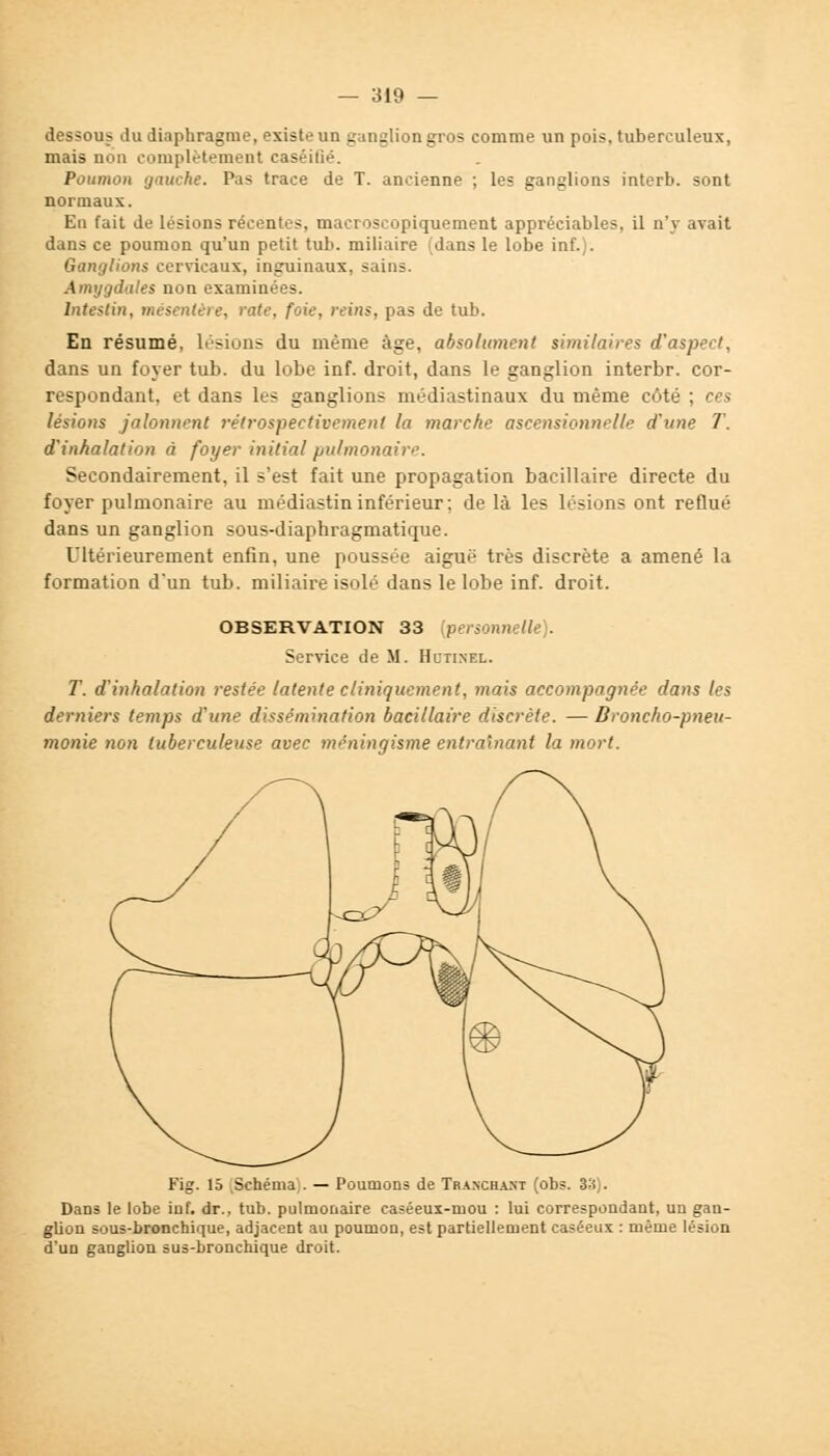 dessous du diaphragme, exista un ganglion gros comme un pois, tuberculeux, mais non complètement caséilié. Poumon gauche. Pas trace de T. ancienne ; les ganglions interb. sont normaux. En fait de lésions récentes, macroscopiquement appréciables, il n'y avait dans ce poumon qu'un petit tub. miliaire dans le lobe inf.). Ganglions cervicaux, inguinaux, sains. Amygdales non examinées. Intestin, mésentère, rate, foie, reins, pas de tub. En résumé, lésions du même âge, absolument similaires d'aspect, dans un foyer tub. du lobe inf. droit, dans le ganglion interbr. cor- respondant, et dans les ganglions médiastinaux du même côté ; ces lésions jalonnent rétrospectivement la marche ascensionnelle d'une T. d'inhalation à foyer initial pulmonaire. Secondairement, il s'est fait une propagation bacillaire directe du foyer pulmonaire au médiastin inférieur; de là les lésions ont reflué dans un ganglion sous-diaphragmatique. Ultérieurement enfin, une poussée aiguë très discrète a amené la formation d'un tub. miliaire isolé dans le lobe inf. droit. OBSERVATION 33 {personnelle). Service de M. Hltixel. T. d'inhalation restée latente cliniquement, mais accompagnée dans les derniers temps d'une dissémination bacillaire discrète. —Broncho-pneu- monie non tuberculeuse avec méningisme entraînant la mort. Fig. 15 Schéma;. — Poumons de Tranchant (obs. 33). Dans le lobe inf. dr., tub. pulmonaire caséeui-niou : lui correspondant, un gan- glion sous-bronchique, adjacent au poumon, est partiellement caséeux : même lésion d'un ganglion sus-bronchique droit.