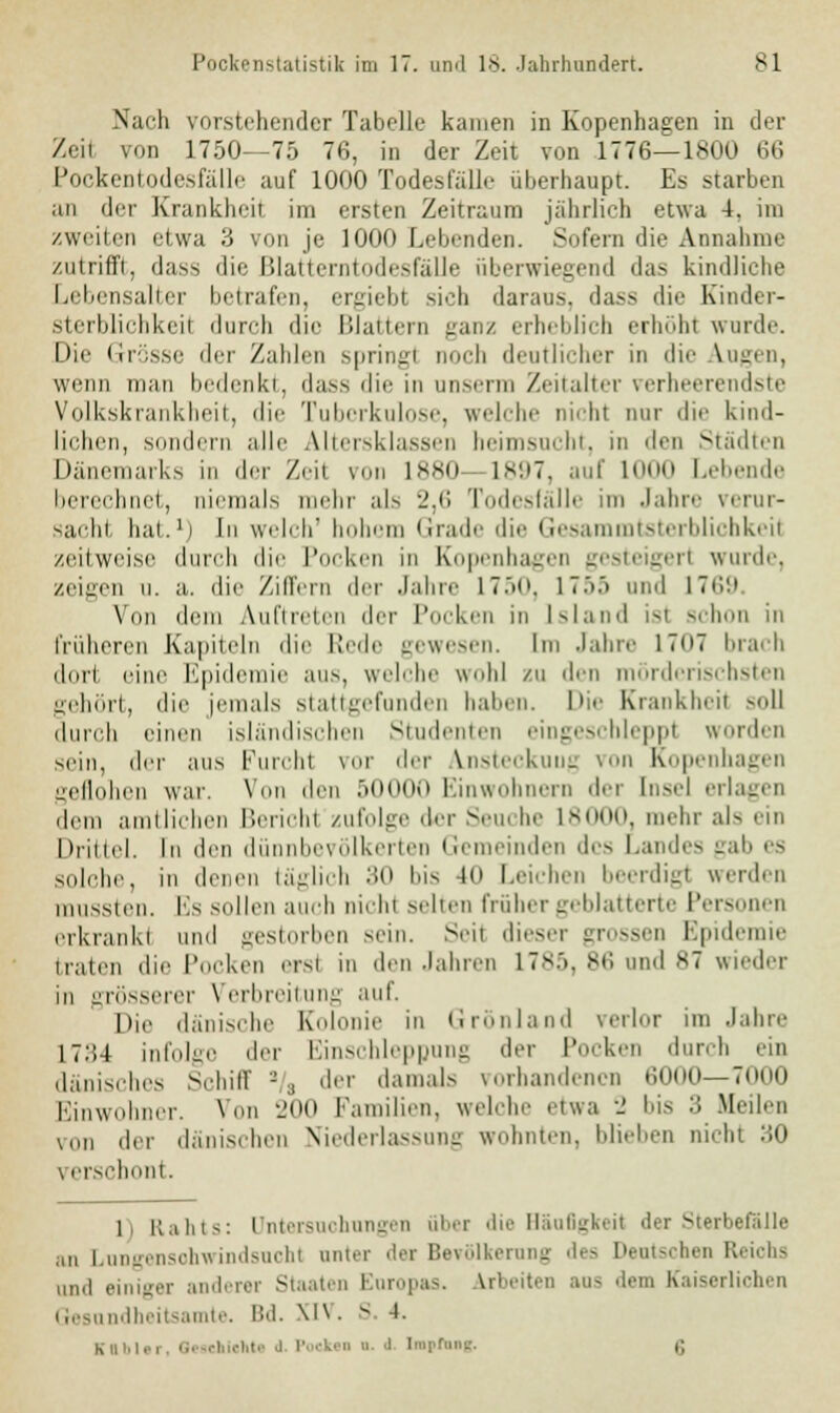 Nach vorstehender Tabelle kamen in Kopenhagen in der Zeil von 1750—75 76, in der Zeit von 1776—1800 66 Pockentodesfälle auf 1000 Todesfälle überhaupt. Es starben an der Krankheit, im ersten Zeitraum jährlieh etwa 4. im zweiten etwa 3 von je 1000 Lebenden. Sofern die Annahme zutrifft, dass die Blatterntodesfälle überwiegend das kindliche Lebensalter betrafen, ergiebt sich daraus, dass die Kinder- sterblichkeit durch die Blattern ganz erheblich erhöhl winde. Die (-!risse der Zahlen springt noch deutlicher in die Augen, wenn man bedenkt, dass die in unsenn Zeitalter verheerendste Volkskrankheit, die Tuberkulose, welche nichl nur die kind- lichen, sondern alle Altersklassen heimsucht, in den Studien Dänemarks in der Zeil \on 1880 L897, auf 1000 Lebende berechnet, niemals mehr als 2,6 Todesfälle im Jahre verur- sacht hat.1) In welch' hohem Grade die Gesammtsterblichkei! zeitweise durch die Pocken in Kopenhagen gesteigert wurde. zeigen u. a. die Ziffern der Jahre L750, L755 und 1769 Vini dem Auftreten der Pocken in Island isl schon in früheren Kapiteln die Rede gewesen. Im Jahre 1707 brach dort eine Epidemie aus, welche wohl zu den mörderischsten gehört, die jemals stattgefunden haben. Die Krankheit soll durch einen isländischen Studenten eingeschleppt worden sein, der aus Furcht vor der Ansteckuug von Kopenhagen geflohen war. Von den 50000 Einwohnern der Insel erlagen dem amtlichen Berichl zufolge der Seuche 18000, mehr als ein Drittel. In den dünnbevölkerten Gemeinden des Landes gab es solche in denen täglich 30 bis -10 Leichen beerdigt Werden mussten. Es sollen auch nicht selten früher geblätterte Personen erkrankt und gestorben scm. Seil diese, grossen Epidemie traten die Pocken erst in den Jahren 1785, 86 und 87 wieder in grösserer Verbreitung auf. Die dänische Kolonie in Grönland verlor im Jahre 17:U infolgo der Einschleppung der Pocken durch ein dänisches Schill'-., der damals vorhandenen 6000—7000 Einwohner. Von 200 Familien, welche etwa 2 bis 3 Meilen V0J] der dänischen Niederlassung wohnten, blieben nicht :i0 verschont. 1, Rahts: Untersuchungen iibei die Häufigkeit der Sterbefalle an Lungensohwindsuohl anter der Bevölkerung des Deutschen Reichs and einiger anderer Staaten Boropas, arbeiten aus dem Kaiserlichen Gesundheitsamte. Bd. \l\ • S 4. kiiMit. Oeubiahte i Pooken n. i Inphag. g