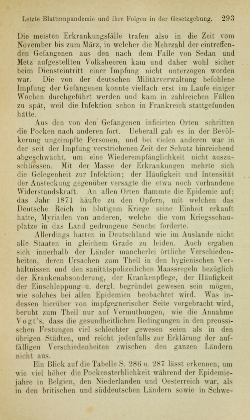 Die meisten Erkrankungsfälle trafen also in die Zeit vom November bis zum März, in welcher die Mehrzahl der eintreffen- den Gefangenen aus den nach dem Falle von Sedan und Metz aufgestellten Volksheeren kam und daher wohl sieher beim Diensteintritt einer [mpfung nicht unterzogen worden war. Die von der deutschen Militärverwaltung befohlene [mpfung der Gefangenen konnte vielfach ersl im Laufe einiger Wochen durchgeführt werden und kam in zahlreichen fallen zu spät, weil die Infektion schon in Frankreich stattgefunden hatte. Ahn den von den Gefangenen inficirten Orten schritten die Pocken nach anderen fort. UeberaU gab es in der Bevöl- kerung angeimpfte Personen, und bei vielen anderen war in der seit der [mpfung verstrichenen Zeil der Schutz hinreichend abgeschwächt, um eine Wiederempfänglichkeil nicht auszu- schliessen. .Mit der Masse der Erkrankungen mehrte sich die Gelegenheii zur Infektion; der Häufigkeit und [ntensitäl der Ansteckung gegenüber versagte die etwa noch vorhandene Widerstandskraft. An allen Orten flammte die Epidemie auf; das Jahr 1871 häufte zu den Opfern, mit welchen das Deutsche Reich in blutigem Kriege --eine Einheil erkaufl hatte, Myriaden von anderen, welche die vom Kriegsschau- platze in das Land gedrungene Seuche forderte. Allerdings hallen in Deutschland wie im Auslände nicht alle Staaten in gleichem Grade zu leiden. Auch ergaben sich innerhalb der Länder mancherlei örtliche Verschieden- heiten, deren Ursachen zum Theil in den hygienischen Ver- hältnissen und den sanitätspolizeilichen Maassregeln bezüglich der Krankenabsonderung, der Krankenpflege, der Häufigkeil der Einschleppung u. dergl. begründe! gewesen sein mögen, wie solches bei allen Epidemien beobachtet wird. Was in- dessen hierüber von impfgegnerischer Seile vorgebracht wird, beruht zum Theil nur auf Vermuthungen, wie die Annahme \ ogt's, das-, die gesundheitlichen Bedingungen in den preussi- schen Festungen viel schlechter gewesen seien als in den übrigen Städten, und reicht jedenfalls zur Erklärung der auf- fälligen Verschiedenheiten /wischen den ganzen Landern nicht aus. Ein Blick au f die Tabelle S. 286 u. 287 lässt erkennen, um wie viel höher die Pockensterblichkeit während der Epidemie- jahre in Belgien, den Niederlanden und Oesterreich war. als in den britischen und süddeutschen Landein sowie in Schwe-