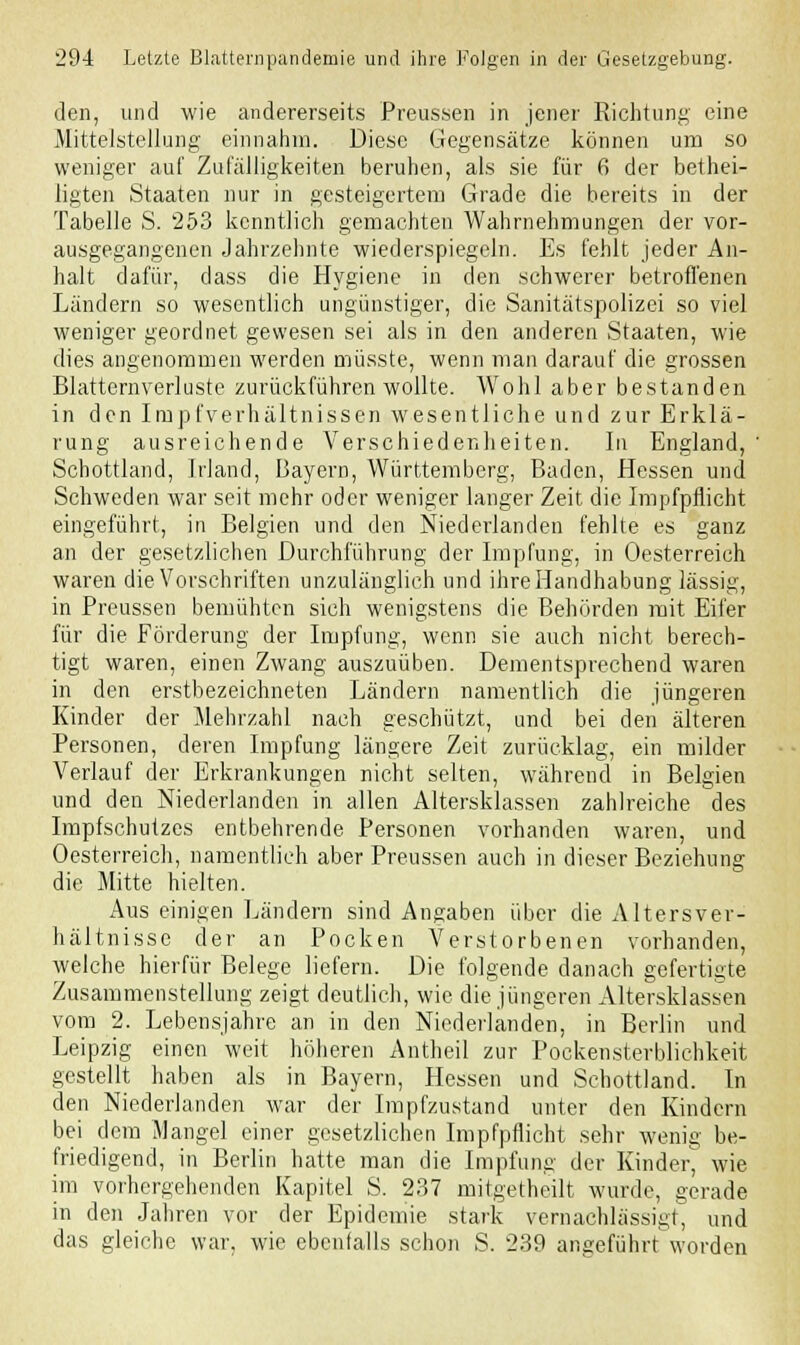 den, und wie andererseits Preussen in jener Richtung eine Mittelstellung einnahm. Diese Gegensätze können um so weniger auf Zufälligkeiten beruhen, als sie für 6 der bethei- ligten Staaten nur in gesteigertem Grade die bereits in der Tabelle S. 253 kenntlich gemachten Wahrnehmungen der vor- ausgegangenen Jahrzehnte wiederspiegeln. Es fehlt jeder An- halt dafür, dass die Hygiene in den schwerer betroffenen Ländern so wesentlich ungünstiger, die Sanitätspolizei so viel weniger geordnet gewesen sei als in den anderen Staaten, wie dies angenommen werden müsste, wenn man darauf die grossen Blatternverluste zurückführen wollte. Wohl aber bestanden in den Impf Verhältnissen wesentliche und zur Erklä- rung ausreichende Verschiedenheiten. In England, Schottland, Irland, Bayern, Württemberg, Baden, Hessen und Schweden war seit mehr oder weniger langer Zeit die Impfpflicht eingeführt, in Belgien und den Niederlanden fehlte es ganz an der gesetzlichen Durchführung der Impfung, in Oesterreich waren die Vorschriften unzulänglich und ihreliandhabung lässig, in Preussen bemühten sich wenigstens die Behörden mit Eifer für die Förderung der Impfung, wenn sie auch nicht berech- tigt waren, einen Zwang auszuüben. Dementsprechend waren in den erstbezeichneten Ländern namentlich die jüngeren Kinder der Mehrzahl nach geschützt, und bei den älteren Personen, deren Impfung längere Zeit zurücklag, ein milder Verlauf der Erkrankungen nicht selten, während in Belgien und den Niederlanden in allen Altersklassen zahlreiche des Impfschutzes entbehrende Personen vorhanden waren, und Oesterreich, namentlich aber Preussen auch in dieser Beziehung die Mitte hielten. Aus einigen Ländern sind Angaben über die Altersver- hältnisse der an Pocken Verstorbenen vorhanden, welche hierfür Belege liefern. Die folgende danach gefertigte Zusammenstellung zeigt deutlich, wie die jüngeren Altersklassen vom 2. Lebensjahre an in den Niederlanden, in Berlin und Leipzig einen weit höheren Antheil zur Pockensterblichkeit gestellt haben als in Bayern, Hessen und Schottland. In den Niederlanden war der Impfzustand unter den Kindern bei dem Mangel einer gesetzlichen Impfpflicht sehr wenig be- friedigend, in Berlin hatte man die Impfung der Kinder, wie im vorhergehenden Kapitel S. 237 mitgetheilt wurde, gerade in den Jahren vor der Epidemie stark vernachlässigt, und das gleiche war, wie ebenfalls schon S. 239 angeführt worden