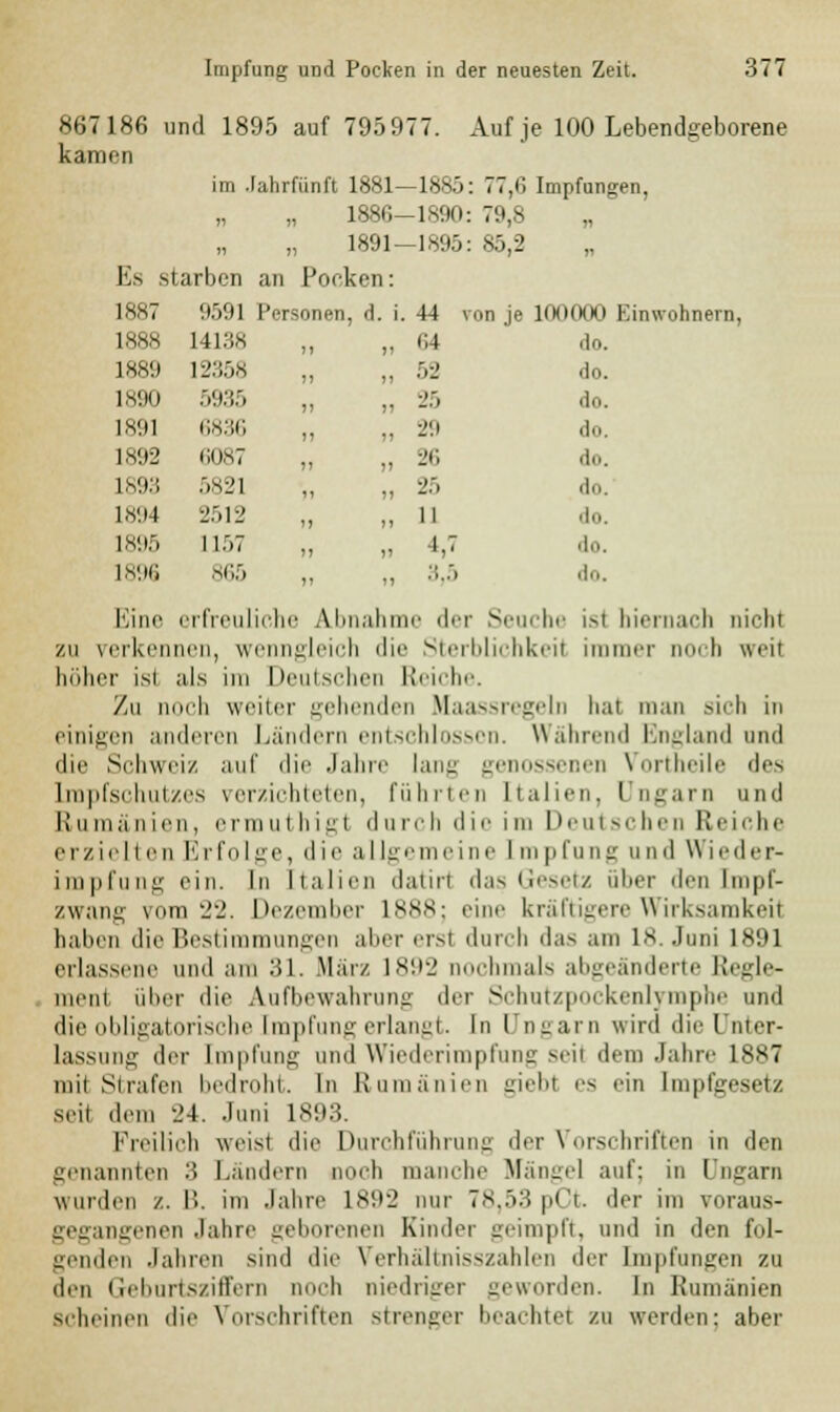 867186 und 1895 auf 795 9 77. Aufj e 100 Lebendgeboi kamen im .1 ahrfünft 1881- -1885 • 77,6 Impfungen, n n -1890: 79,8 n )i ii 1891- -1895: 85,2 »i Es .starben an Pocken: 1887 9591 Personen, d. i. 44 von je 10(1000 Einwohnern, 1888 14138 ii 11 H4 do. 1889 12358 ii 11 52 do. 1890 5935 ii 11 25 do. 1891 6836 ii 11 29 do. 1892 6087 ii 11 26 do. 1893 5821 n 11 25 do. 1894 2512 i) 11 11 do. 1895 1157 ii 11 4,7 do. 1896 sc;, ii 11 3,5 do. Eine erfreuliche Abnahme der Seuche ist hiernach nicht zu verkennen, wenngleich die Sterblichkeit immer noch weil höher isi als im Deutschen Reiche. Zu noch weiter gehenden Maassregebi hat man sieh in einigen anderen Ländern entschlossen. Während England und die Schweiz auf die Jahre lang genossenen Vortheile des Impfschutzes verzichteten, fährten Ltalien, I ogarn und Rumänien, ermuthigt durch die im Deutschen Reiche erzielten Erfolge, die allgemeine Impfung und Wieder- impfung ein. In Italien datiri das Gesetz über den Impf- zwang vom 22. Dezember 188S; eine kräftigere Wirksamkeil haben die Bestimmungen aber n>i durch das am IS. .Juni 1891 erlassene und am 31. Mär/. 1892 nochmals abgeänderte Regle- ment über die Aufbewahrung der Schutzpockenlymphe und die obligatorische Impfung erlangt. In Ungarn wird die Unter- lassung der Impfung und Wiederimpfung seit dem Jahre 1887 mit Strafen bedroht. In Rumänien giebl es ein Impfgesetz sei! dem 24. Juni 1893. Freilich weist die Durchführung der Vorschriften in den genannten :> Landern noch manche Mängel auf; in Ungarn wurden z. II. im Jahre 1892 nur TS..>:-! p( 't. der im voraus- gegangenen Jahre geborenen Kinder geimpft, und in den fol- genden Jahren sind die Verhältnisszahlen der Impfungen zu den Geburtsziffern noch niedriger geworden. In Rumänien scheinen die Vorschriften strenger beachtet zu werden: aber
