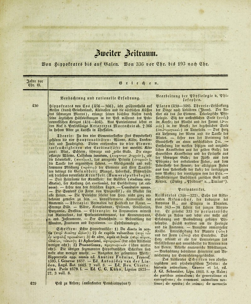 ^mnUx jtötraum. 2Jon $ip|)ofrrtteö 6i$ auf (Baten. SBon 336 cor G$r. ii$ 193 naä) Gftr. Safere Bor 66r. 6. (3 d> 430 429 Beobachtung unb rationelle grfafmtng. §lppofrate« Bon go« (456—366), lebt grojjtentfieil« auf Sficifen (burrf) ©rlec^enlanb, Äleinaficn unb bie norblidjcn Äiiftcn be« fcfnparjen SDtccre«), erlangt feinen ßöcfyflen 9iubm bureb, feine arjtllcljcn §iilf«lciftungen in ber speft mabrenb be« sprto; ponnefifcfyen .Kriege« (431—404). 9lu« spatrioti«mu« lefint er ben 9iuf b. sperferfonig« Slrtarerrc« 20cacrod)elr ab. f366 In boßem Stirer ja 2ariffa In Sbcffalien. Sßeorfe: gu ben Bier glementarfloffen (be« gmpebofle«) geboren bie Bier $auptqua(ftäten: SBärmc, .Kälte, Srocfen= tjeit unb geurfjtigfeit. Sicfen cntfprecfjcn bie Bier glemen = tarfcudjtigteiteii ober Sarbitialf äfte be« raenfef)!. ÄtSrs per«': SSlut, ©djleini, fdjwarje unb gelbe @aUe. Sie cinges pftanjte Sßärme, Callidum innatum, (t,a<p\iTov d-i^uov), al« bie 8cben«(uft, (aviS/Aa), ba« anregenbc sprineip («Vogiäuv), bie Eiuctte be« organifcfjcn Scbcii«. — ©lelcbgemicbj unb Potts fomraene 2>!lfdHing (xgua-tg) ber Elemente unb ißrer £uialltä= ten bebingt bie ©efuiibßcit; 2*langel, Ueberffaji, SRißBerbate nig berfclben oerurfacfyt Ar anffeeit. (Humor alpalbologie). — Srei geitraunie ber .Rranfßcit: ber Noßßclt (Stadium cru- dltatis), ber .Rodung (st. coctionis), ber gutfcfycibuug (st. cri- seos). — £eßre Bon ben fritifcEjen lagen. — Consitutio aonua. — Sie ©emlotlf (in gönn Bon ^rognofilf)/ ein äftuller für alle gelten. — Sie spulslcßre ferjeint bein §ipp. nietjt ganj um befannt gewefen ju fein. — Unpottfoinmciie ÄcmintnuTe ber Slnatomle.— Sßerapie: Sorroalien ber $cilfraft ber Statur.— Strenge Slot. — SBa'ber/ Äatapla«mcn, spiifanen, Scnäfection, spurgantia, Sraftlca. — 6birurgie: bie Trepanation mitteilt be« 9iabireifen«, be« sperforation«trepan«, be« Äroncntrcpan«, u. anb. 3nftrumciite. — Scr ©tclnfdjtiitt. — SSeßanblung ber Sßuuben, gracturrn unb 2uratioucn. — £spbtßalmologlc. ©cfyriften: gcf)tc $ippofratifd)c: 1) De diaela in aen- tis (itiql Stands o^uv); 2) de capitis vulneribus (afQt rav £v xjycöyji T§u,ua™i'; 3) de aere, aijuis et locis (■x^n uiquv, ■uSd-uv, röxuv); 4) Apliorismi, atfoqiq/xoi (ber aeßte Slbfchm'tt weniger ec£)t); 5) Praenotiones, x%oyvu<;Tix6v (fcfjon mintcr erfjt). Sie übrigen fogenannten .fjsippofratlfdjen ©dirifren ftnb meßr ober weniger uneetjf. — S(u«gabcn ber gefammten SBerfe: Hippocratis opp. omnia ed. Anutitts Foesius, Francof. 1595. f. Genevae 1657. — Ed. Antonides van der Lin- den, Lugd. Bat. 1665. 2 voll. S. — Ed. Ken. Charte- rius. Paris 1679. f. — Ed. C. G. Kühn, Lipsiae 1825— 27. 3 voll. 8. speft ju Sltfien; (anflerfeuber speted)ialttjp&u« ?) SScarbeitung ber spfiijfiologic o. «pfii = lofopfecn. «Platon (430—348). Jfeeorle: Erfdjaffuug ber Singe nacl) llrbilbem (3becn). Ser 9(C5 t&cr al« ba« 5te gleraent. Seleologifdje «pßc^ ftologie. ©il$ ber unRerblid)cn ©ecle (->'oij^) im_ Äopfe; bsi 5Dtut()« unb be« gern« (^-u- iUo?) in ber SSruft; ber bcge6rlid)en ©celc (e'ä^tj^tiwxoV) im Unterleibe. — Sa« $crj aU Urfprung ber Ülbctn unb bie &ueße be« SBlutc«. — £cl;re Bon ber Serirrung ber Qürunbftoffe an einen unfdjicfllchcn £>rt. — gntfiefeung ber raeiften tjiljigcn unb entjünti lid)cn Äranfbeiten aus ber gelben ©alle; ber cfjroulfcrjen Äranffeciten unb ber gpilepfie au« ber fd)warjen ©alle; ber glüffe au« bem spfelegma; ber andaltenben gieberr au« bem lleberfluffe be« geuer«; ber aKtiigigcn gieber aus bem lleberfluffe ber Suft; ber breltagigen Born SCaffer; ber piertägigen Bon ber Erbe.— 3ßed)fclftiiigc« SSerlmlliiiR jwifetjen Seift unb Äb'rpcr. (Slalog „spßäbru« u. „Jimau«)- speripatetifer. SirIflotele« (348—322), ©obn be« Slffle* plaben Stifomadju«, be« Sicibarjtc« bei älmonta« 11., au« ©tagira in Sliracien. Sou 343 — 38 Eefirer be« jungen ailcrans ber. gr grünbet 335 bie pcripatetifct)c Schule ju 2lt()en unb lebrt eine mebr auf grfaferung unb SBcobadjtung geftü^tc «P()is lofopbie. §oc£)(r Berbicnt um bie goologie unb bie gootomie. — Slmiabme immatricUcc Äräfte. Unterfdicitung ber Staterie (tjXt;) unb ber gorm {uöos) ober gntclecfcje. Sa« Serj erfennt er al« ba« gentralorgan be« ©efallfpfttm« unb unterfdjcibet bie ätrterten Bon ben Seilen. Slelttfte anatoiiiifdje Slbbilbungen. — Beobachtung bebrüteter §liiiiereier unb SSe» reid)erung ber giittoicfeIung«ge|'d)ld)te. Se« Slrliiotelc« ©djriften Bon pftpfioi logifdjem unb Bfydiologifdjem 3n^'te: de historia animalium. Graece et Ist. ed. J. Gl. Schneider, Lips. 1811. S. ap. Hahn; de partibus animalium; de generatione et coiiuptione; de communi animalium mo- tione; de spiritu; de anima; de memoria