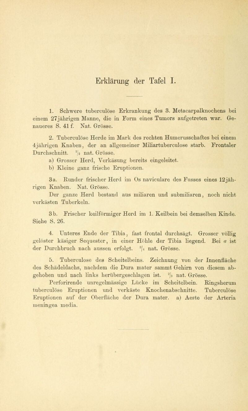 1. Schwere tuberculöse Erkrankung des 3. Metacarpalknochens bei einem 27jährigen Manne, die in Eorm eines Tumors aufgetreten war. Ge- naueres S. 41 f. Nat. Grösse. 2. Tuberculöse Herde im Mark des rechten Humerusschaftes bei einem 4jährigen Knaben, der an allgemeiner Miliartuberculose starb. Frontaler Durchschnitt, '/z na*- Grösse. a) Grosser Herd, Verkäsung bereits eingeleitet. b) Kleine ganz frische Eruptionen. 3 a. Runder frischer Herd im Os naviculare des Fusses eines 12jäh- rigen Knaben. Nat. Grösse. Der ganze Herd bestand aus miliaren und submiliaren, noch nicht verkästen Tuberkeln. 3 b. Frischer keilförmiger Herd im 1. Keilbein bei demselben Kinde. Siehe S. 26. 4. Unteres Ende der Tibia, fast frontal durchsägt. Grosser völlig gelöster käsiger Sequester, in einer Höhle der Tibia liegend. Bei a ist der Durchbruch nach aussen erfolgt. 3/4 nat. Grösse. 5. Tuberculöse des Scheitelbeins. Zeichnung von der Innenfläche des Schädeldachs, nachdem die Dura mater sammt Gehirn von diesem ab- gehoben und nach links herübergeschlagen ist. 2/3 nat. Grösse. Perforirende unregelmässige Lücke im Scheitelbein. Ringsherum tuberculöse Eruptionen und verkäste Knochenabschnitte. Tuberculöse Eruptionen auf der Oberfläche der Dura mater. a) Aeste der Arteria meningea media.