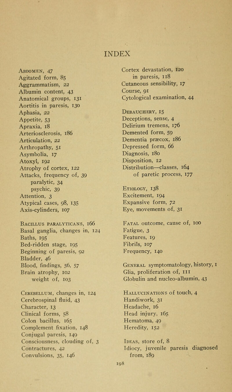 INDEX Abdomen, 47 Agitated form, 85 Aggrammatism, 22 Albumin content, 43 Anatomical groups, 131 Aortitis in paresis, 130 Aphasia, 22 Appetite, 53 Apraxia, 18 Arteriosclerosis, 186 Articulation, 22 Arthropathy, 51 Asymbolia, 17 Atoxyl, 192 Atrophy of cortex, 122 Attacks, frequency of, 39 paralytic, 34 psychic, 39 Attention, 3 Atypical cases, 98, 135 Axis-cylinders, 107 Bacillus paralyticans, 166 Basal ganglia, changes in, 124 Baths, 195' Bed-ridden stage, 195 Beginning of paresis, 92 Bladder, 46 Blood, findings, 56, 57 Brain atrophy, 102 weight of, 103 Cerebellum, changes in, 124 Cerebrospinal fluid, 43 Character, 13 Clinical forms, 58 Colon bacillus, 165 Complement fixation, 148 Conjugal paresis, 149 Consciousness, clouding of, 3 Contractures, 42 Convulsions, 35, 146 Cortex devastation, 120 in paresis, 118 Cutaneous sensibility, 17 Course, 91 Cytological examination, 44 Debauchery, 15 Deceptions, sense, 4 Delirium tremens, 176 Demented form, 59 Dementia prsecox, 186 Depressed form, 66 Diagnosis, 180 Disposition, 12 Distribution—classes, 164 of paretic process, 177 Etiology, 138 Excitement, 194 Expansive form, 72 Eye, movements of, 31 Fatal outcome, cause of, 100 Fatigue, 3 Features, 19 Fibrils, 107 Frequency, 140 General symptomatology, history, 1 Glia, proliferation of, in Globulin and nucleo-albumin, 43 Hallucinations of touch, 4 Handiwork, 31 Headache, 16 Head injury, 165 Hematoma, 49 Heredity, 152 Ideas, store of, 8 Idiocy, juvenile paresis diagnosed from, 189