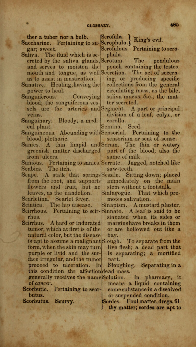 Pertaining to sanies ther a tuber nor a bulb. Saccharine. Pertaining to su- gar; sweet. Saliva. The fluid which is se- creted by the saliva glands, and serves to moisten the mouth and tongue, as well as to assist in mastication. Sanative. Healing; having the power to heal. Sanguiferous. Conveying blood; the sanguiferous ves- sels are the arteries and veins. Sanguinary. Bloody; a medi- cal plant. Sanguineous. Abounding with blood; plethoric. Sanies. A thin limpid and greenish matter discharged from ulcers. Sanious Scabies. The itch Scape. A stalk that springs from the root, and supports flowers and fruit, but no leaves, as the dandelion. Scarletina. Scarlet fever. Sciatica. The hip disease. Scirrhous. Pertaining to scir- rhus. Scirrhus. A hard or indurated tumor, which at first is of the natural color, but the disease is apt to assume a malignant form, when the skin may turn purple or livid and the sur- face irregular, and the tumor proceed to ulceration. In this condition the affection generally receives the name of cancer. Scorbutic. Pertaining to scor- butus. Scorbutus. Scurvy. Scrofula. } v. , ., Scrophula.} Kingsevl»- Scrofulous. Pertaining to scro- phula. Scrotum. The pendulous pouch containing the testes. Secretion. The act of secern- ing, or producing specific collections from the general circulating mass, as the bile, saliva mucus, &c; the mat- ter secreted. Segment. A part or principal division of a leaf, calyx, or corolla. Sernina. Seed. Sensorial. Pertaining to the sensorium or seat of sense. Serum. The thin or watery part of the blood; also the same of milk. Serrate. Jagged, notched like saw-teeth. Sessile. Sitting down; placed immediately on the main stem without a footstalk. Sialag-ogue. That which pro- motes salivation. Sinapism. A mustard plaster. Sinn ate. A leaf is said to be sinnated when its sides or margins have breaks in them or are hollowed out like a bay. Slough. To separate from the live flesh; a dead part that is separating; a mortified part. Sloughing. Separating in a dead mass. Solution. In pharmacy, it means a liquid containing some substance in a dissolved or suspended condition. Sordes. Foul matter, dregs, fil- thy matter; sordes are apt to