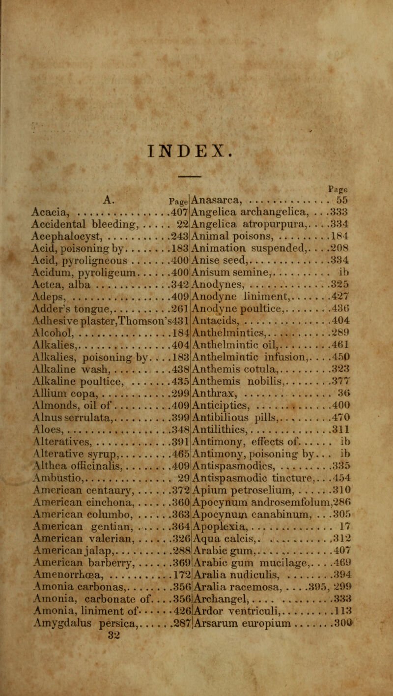 INDEX. Page A. p^e!Anasarca, 55 Acacia, 407! Angelica arch angelica, .. .333 Accidental bleeding, 22 Angelica atropurpura,. . . .334 Acephalocyst, 243 Animal poisons, 184 Acid, poisoning by 183 Animation suspended,. . . .208 Acid, pyroligneous 400!Anise seed, 334 Acidum, pyroligeum 400 Actea, alba 342 Adeps, 409 Adders tongue, 261 Adhesive plaster,Thomson's431 Alcohol, 184 Alkalies, 404 Alkalies, poisoning by. . . .183 Alkaline wash, . . .438 Alkaline poultice, 435 Allium copa, 299 Almonds, oil of 409 Alnus serrulata, 399 Aloes, 348 Alteratives, 391 Alterative syrup, 465 Althea officinalis, 409 Ambustio, 29 American centaury, 372 American cinchona, 360 American columbo, 363 American gentian, 364 American valerian, 326 American jalap, 288 American barberry, 369 Amenorrhea, 172|Aralia nudiculis, Amonia carbonas, 356|Aralia racemosa, Amonia, carbonate of. ... 356)Archangel, .333 Amonia, liniment of 426]Ardor ventriculi, 113 Amygdalus persica, 287'Arsarum europium 30i> 32 Anisum semine, . ib Anodynes, 325 Anodyne liniment, 427 Anodyne poultice, 436 Antacids, « 404 Anthelmintics, 289 Anthelmintic oil, 461 Anthelmintic infusion,. . . .450 Anthemis cotula, 323 Anthemis nobilis, 377 Anthrax, 36 Anticiptics, 400 Antibilious pills, 470 Antilithics, .311 Antimony, effects of ib Antimony, poisoning by.. . ib Antispasmodics, 335 Antispasmodic tincture... .454 Apium petroselium, 310 Apocynum androsemfolum,286 Apocynum canabinum, .. .305 Apoplexia, 17 Aquacalcis,. »rV-».«. 312 Arabic gum, 407 Arabic gum mucilage,. . . .469 394 .395, 299