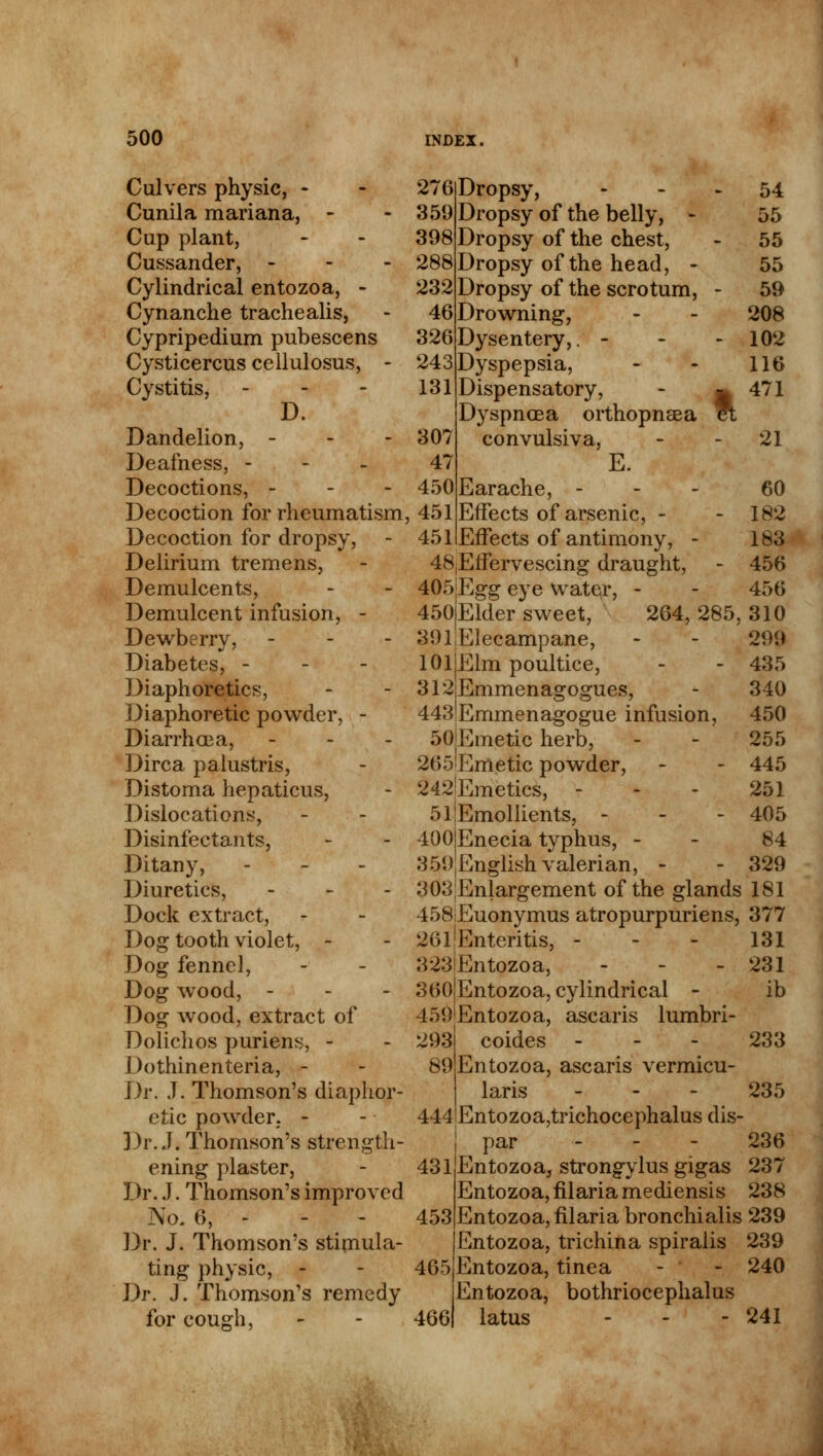 Culvers physic, - 276 Dropsy, 54 Cunila mariana, - 359 Dropsy of the belly, - 55 Cup plant, 398 Dropsy of the chest, 55 Cussander, - 288 Dropsy of the head, - 55 Cylindrical entozoa, - 232 Dropsy of the scrotum, - 59 Cynanche trachealis, 46 Drowning, 208 Cypripedium pubescens 326 Dysentery,. - 102 Cysticercus cellulosus, - 243 Dyspepsia, 116 Cystitis, - 131 Dispensatory, - ^ Dyspnoea orthopnea et 471 D. Dandelion, - 307 convulsiva, 21 Deafness, - 47 E. Decoctions, - 450 Earache, - 60 Decoction for rheumatism , 451 Effects of arsenic, - 182 Decoction for dropsy, 451 Effects of antimony, - 183 Delirium tremens, 48lEffervescing draught, 456 Demulcents, 405 Egg eye water, - 456 Demulcent infusion, - 450|Elder sweet, 264, 285 310 Dewberry, - 391;Elecampane, 299 Diabetes, - lOljElm poultice, 435 Diaphoretics, 312Emmenagogues, 340 Diaphoretic powder, - 443!Emmenagogue infusion, 450 Diarrhcea, - 50:Emetic herb, 255 Dirca palustris, 265 Emetic powder, 445 Distoma hepaticus, 242Emetics, - 251 Dislocations, 51!Emollients, - 405 Disinfectants, 400jEnecia typhus, - 84 Ditany, - 359 English valerian, - 329 Diuretics, ... 303 Enlargement of the glands 181 Dock extract, 458iEuonymus atropurpuriens, 377 Dog tooth violet, - 261!Enteritis, - 131 Dog fennel, 323 Entozoa, - 231 Dog wood, - 360 Entozoa, cylindrical - ib Dog wood, extract of 459 Entozoa, ascaris lumbri- Dolichos puriens, - 293 coides - 233 Dothinenteria, - 89 Entozoa, ascaris vermicu- Dr. J. Thomson's diaphor- laris - 235 etic powder. - 444 Entozoa,trichocephalus dis Dr. J. Thomson's strength- par - 236 ening plaster, 431 Entozoa, strongylus gigas 237 Dr. J. Thomson's improved Entozoa, filaria mediensis 238 No. 6, - 453 Entozoa, filaria bronchialis 239 Dr. J. Thomson's stimula- Entozoa, trichina spiralis 239 ting physic, - 465 Entozoa, tinea 240 Dr. J. Thomson's remedy Entozoa, bothriocephalus for cough, 466 latus - 241