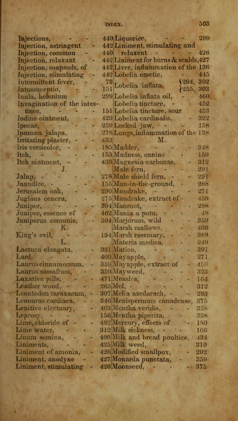 509 Injections, Injection, astringent Injection, common Injection, relaxant Injection, soapsuds, of Injection, stimulating Intermittent fever, Intussuceptio, Inula, lielenium Invagination of the intes- tines, - Iodine ointment, Ipecac, - Ipomaea jalapa, Irritating plaster, - Iris versicolor, - Itch, - Itch ointment, - J. Jalap, r Jaundice, - Jerusalem oak, Juglans cenera, Juniper, - Juniper, essence of Juniperus comunis, K. King's evil, L. Lactuca elongata, Lard, Lauruscinnamomum, - Laurus sassafrass, Laxative pills, Leather wood, - Lcontodon taraxacum, - Leonurus cardiaca, Lenitive electuary, Leprosy, - Lime, chloride of - Lime water, Linum semina, Liniments, Liniment of amonia, Liniment, anodyne Liniment, stimulating - Lobelia emetic, Lobelia inflata, Liquorice, - - 299 Liniment, stimulating and relaxent - 426 Liniment for burns & scalds,427 Liver, inflammation of the 136 445 (294, 302 (255, 303 Lobelia inflata oil, - 460 Lobelia tincture, - - 452 151 Lobelia tincture, sour 453 429 Lobelia cardinalis, - 322 259Locked jaw, - - 158 278jLungs,inflammation of the 138 432 M. 185|Madder, 153 Madness, canine 440 442 440 442 442 442 73 151 299 430 Magnesia carbonas, Male fern, 278 Male shield fern, - 155Man-in-the-ground, - 290 Mandrake, - 275 Mandrake, extract of - 304Manroot, 462 Mania a potu, - 304 Marjoram, wild Marsh mallows, 194 Marsh rosemary, - Materia medica, Matico, - Mayapple, Mayapple, extract of Mayweed, Measles, - Mel, ---- Melia azedarach, - Menispermum canadense. Mentha veridis, Mentha piperita, Mercury, effects of Milk sickness, - Milk and bread poultice, Milk weed, Modified smallpox, Monarda punctata, Moonseed, -.-*-» 409 359 359 471 265 307 346 463 156 402 312 409 425 426 427 426 348 159 312 291 291 27 i 459 288 48 359 409 389 249 391 271 323 104 312 293 375 35fe 35S ISO 166 434 310 202 359 375