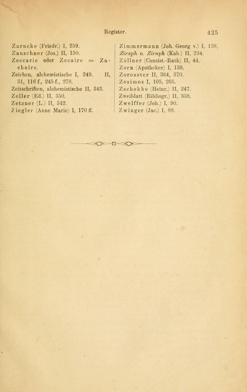 Zarncke (Friedr.) I, 259. Zausebner (Jos.) II, 150. Zeccarie oder Zecaire = Za- chaire. Zeichen, alchemistische I, 249. II, 31, 116 f., 245 f., 278. Zeitschriften, alchemistische II, 343. Zeller (;Ed.) II, 350. Zetzner (L.) II, 842. Ziegler (Anne Marie) I, 170 ff. Zimmermann (Joh. Georg v.) I, 138. Ziraph o. Ziriiph (Kab.) II, 234. Zöllner (Consist.-Rath) II, 44. Zorn (Apotheker) I, 130. Zoroaster II, 364, 370. Zosimos I, 105, 205. Zschokke (Heinr.) II, 247. Zweiblatt (Bibliogr.) II, 338. Zwelffer (Joh.) I, 90. Zwinger (Jac.) I, 88.