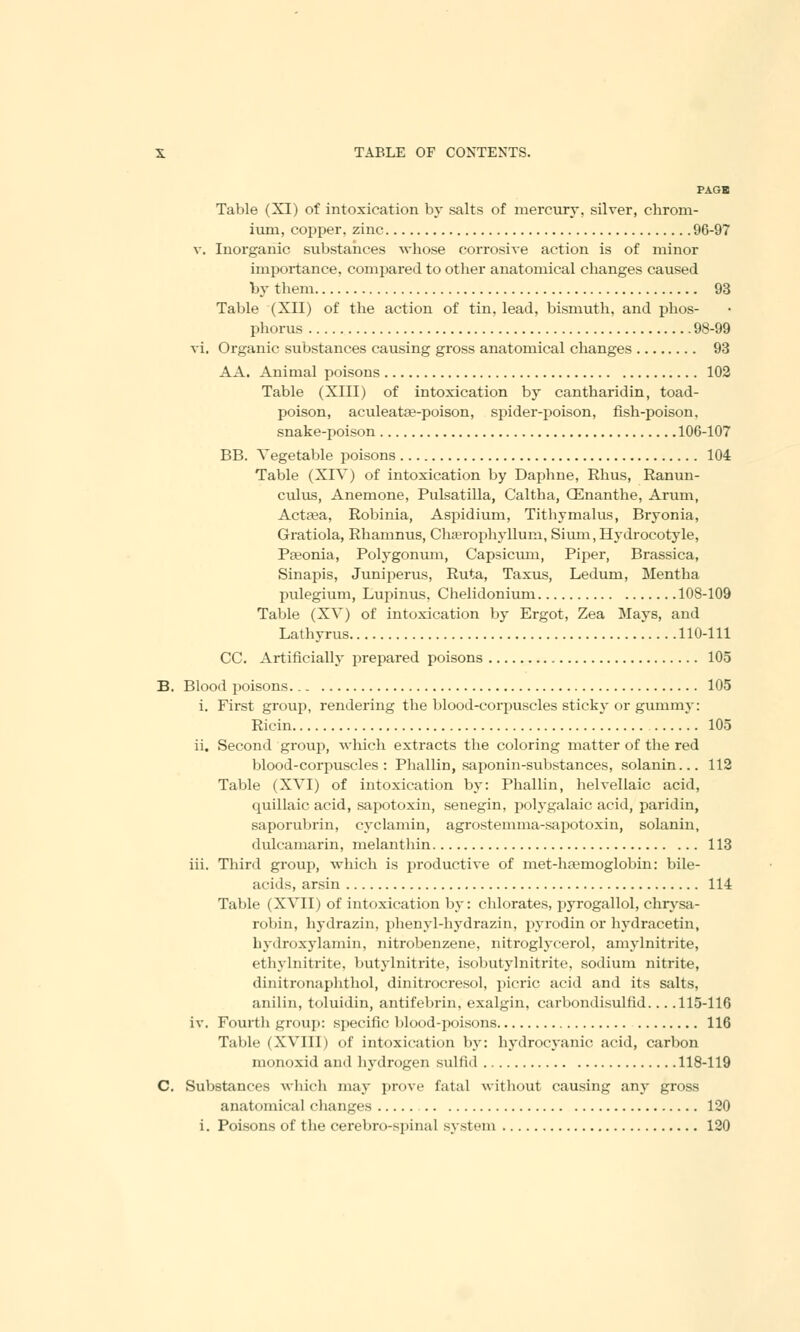 PAGE Table (XI) of intoxication by salts of mercury, silver, chrom- ium, copper, zinc 96-97 v. Inorganic substances whose corrosive action is of minor importance, compared to other anatomical changes caused by them 93 Table (XII) of the action of tin, lead, bismuth, and phos- phorus 98-99 vi. Organic substances causing gross anatomical changes 93 A A. Animal poisons 102 Table (XIII) of intoxication by cantharidin, toad- poison, aculeata?-poison, spider-poison, fish-poison, snake-poison 106-107 BB. Vegetable poisons 104 Table (XIV) of intoxication by Daphne, Rhus, Ranun- culus, Anemone, Pulsatilla, Caltha, (Enanthe, Arum, Aetata, Robinia, Aspidium, Tithymalus, Bryonia, Gratiola, Rhamnus, Chaerophyllum, Sium, Hydrocotyle, Paeonia, Polygonum, Capsicum, Piper, Brassica, Sinapis, Juniperus, Ruta, Taxus, Ledum, Mentha pulegium, Lupinus, Chelidonium 108-109 Table (XV) of intoxication by Ergot, Zea Mays, and Lathyrus 110-111 CC. Artificially prepared poisons 105 B. Blood poisons 105 i. First group, rendering the blood-corpuscles sticky or gummy: Ricin 105 ii. Second group, which extracts the coloring matter of the red blood-corpuscles : Phallin, saponin-substances, solanin... 112 Table (XVI) of intoxication by: Phallin, helvellaic acid, quillaic acid, sapotoxin, senegin, polygalaic acid, paridin, saporubrin, cyclamin, agrostemma-sapotoxin, solanin, dulcamarin, melanthin 113 hi. Third group, which is productive of met-liEemoglobin: bile- acids, arsin 114 Table (XVII) of intoxication by: chlorates, pyrogallol, chrysa- robin, hydrazin, phenyl-hydrazin, pyrodin or hydracetin, bydroxylamin, nitrobenzene, nitroglyeerol, amylnitrite, ethylnitrite, butylnitrite, isobutylnitrite, sodium nitrite, dinitronaphthol, dinitrocresol, picric acid and its salts, anilin, toluidin, antifebrin, exalgin, carbondisulfid... .115-116 iv. Fourth group: specific blood-poisons 116 Table (XVIII) of intoxication by: hydrocyanic acid, carbon monoxid and hydrogen sulfid 118-119 C. Substances which may prove fatal without causing any gross anatomical changes 120 i. Poisons of the cerebrospinal system 120