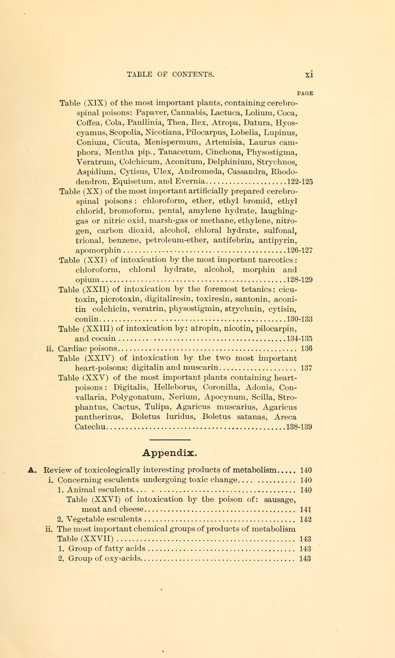 PAGE Table (XIX) of the most important plants, containing cerebro- spinal poisons: Papaver, Cannabis, Lactuca, Lolium, Coca, Coffea, Cola, Paullinia, Thea, Ilex, Atropa, Datura, Hyos- cyamus, Scopolia, Nicotiana, Pilocarpus, Lobelia, Lupinus, Conium, Cicuta, Menispermum, Artemisia, Laurus cam- phora, Mentha pip., Tanacetum, Cinchona, Physostigma, Veratrum, Colchicum, Aconitum, Delphinium, Strychnos, Aspidium, Cytisus, Ulex, Andromeda, Cassandra, Rhodo- dendron, Equisetum, and Evernia 122-125 Table (XX) of the most important artificially prepared cerebro- spinal poisons : chloroform, ether, ethyl bromid, ethyl chlorid, bromoform, pental, amylene hydrate, laughing- gas or nitric oxid, marsh-gas or methane, ethylene, nitro- gen, carbon dioxid, alcohol, chloral hydrate, sulfonal, trional, benzene, petroleum-ether, antifebrin, antipyrin, apomorphin 126-127 Table (XXI) of intoxication by the most important narcotics : chloroform, chloral hydrate, alcohol, morphin and opium 128-129 Table (XXII) of intoxication by the foremost tetanies: cicu- toxin, picrotoxin, digitaliresin, toxiresin, santonin, aconi- tin colchicin, veratrin, physostigmin, strychnin, cytisin, coniin 130-133 Table (XXIII) of intoxication by: atropin, nicotin, pilocarpin, and cocain 134-135 ii. Cardiac poisons 136 Table (XXIV) of intoxication by the two most important heart-poisons: digitalin and muscarin 137 Table (XXV) of the most important plants containing heart- poisons : Digitalis, Helleborus, Coronilla, Adonis, Con- vallaria, Polygonatum, Nerium, Apocynum, Scilla, Stro- phantus, Cactus, Tulipa, Agaricus muscarius, Agaricus pantherinus, Boletus luridus, Boletus satanas, Areca Catechu 138-139 Appendix. A. Review of toxicologically interesting products of metabolism 140 i. Concerning esculents undergoing toxic change 140 1. Animal esculents 140 Table (XXVI) of intoxication by the poison of: sausage, meat and cheese 141 2. Vegetable esculents 142 ii. The most important chemical groups of products of metabolism Table (XXVII) 143 1. Group of fatty acids 143 2. Group of oxy-acids 143