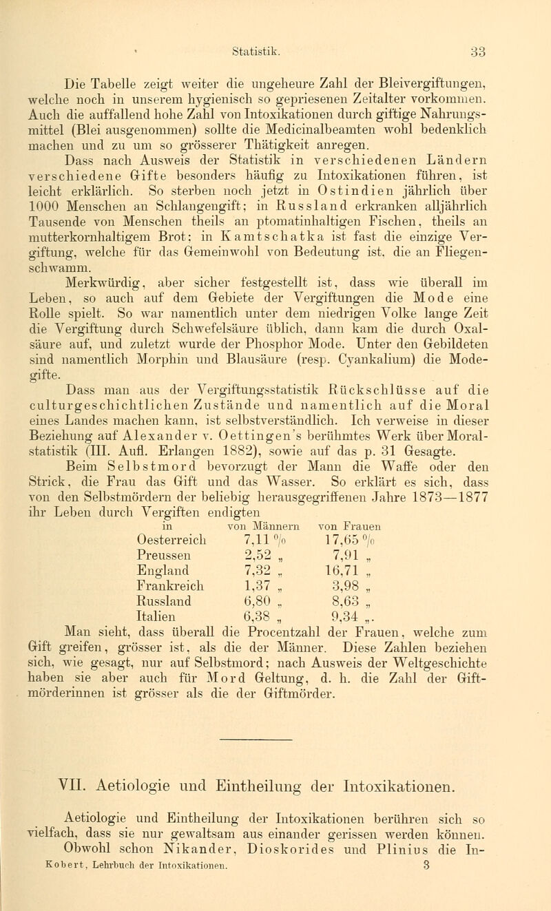 Die Tabelle zeigt weiter die ungeheure Zahl der Bleivergiftungen, welche noch in unserem hygienisch so gepriesenen Zeitalter vorkommen. Auch die auffallend hohe Zahl von Intoxikationen durch giftige Nahrungs- mittel (Blei ausgenommen) sollte die Medicinalbeamten wohl bedenklich machen und zu um so grösserer Thätigkeit anregen. Dass nach Ausweis der Statistik in verschiedenen Ländern verschiedene Gifte besonders häufig zu Intoxikationen führen, ist leicht erklärlich. So sterben noch jetzt in Ostindien jährlich über 1000 Menschen an Schlangengift; in Russland erkranken alljährlich Tausende von Menschen theils an ptomatinhaltigen Fischen, theils an mutterkornhaltigem Brot; in Kamtschatka ist fast die einzige Ver- giftung, welche für das Gemeinwohl von Bedeutung ist. die an Fliegen- schwamm. Merkwürdig, aber sicher festgestellt ist, dass wie überall im Leben, so auch auf dem Gebiete der Vergiftungen die Mode eine Rolle spielt. So war namentlich unter dem niedrigen Volke lange Zeit die Vergiftung durch Schwefelsäure üblich, dann kam die durch Oxal- säure auf, und zuletzt wurde der Phosphor Mode. Unter den Gebildeten sind namentlich Morphin und Blausäure (resp. Cyankalium) die Mode- gifte. Dass man aus der Vergiftungsstatistik Rückschlüsse auf die culturgeschichtlichen Zustände und namentlich auf die Moral eines Landes machen kann, ist selbstverständlich. Ich verweise in dieser Beziehung auf Alexander v. Oettingen's berühmtes Werk über Moral- statistik (III. Aufl. Erlangen 1882), sowie auf das p. 31 Gesagte. Beim Selbstmord bevorzugt der Mann die Waffe oder den Strick, die Frau das Gift und das Wasser. So erklärt es sich, dass von den Selbstmördern der beliebig herausgegriffenen Jahre 1873—1877 ihr Leben durch Vergiften endigten in von Männern von Frauen Oesterreich 7,11 °/o 17,65°/o Preussen 2,52 „ 7,91 „ England 7,32 „ 16,71 „ Frankreich 1,37 „ 3,98 „ Russland 6,80 „ 8,63 „ Italien 6,38 „ 9,34 „. Man sieht, dass überall die Procentzahl der Frauen, welche zum Gift greifen, grösser ist, als die der Männer. Diese Zahlen beziehen sich, wie gesagt, nur auf Selbstmord; nach Ausweis der Weltgeschichte haben sie aber auch für Mord Geltung, d. h. die Zahl der Gift- mörderinnen ist grösser als die der Giftmörder. VII. Aetiologie und Eintheilung der Intoxikationen. Aetiologie und Eintheilung der Intoxikationen berühren sich so vielfach, dass sie nur gewaltsam aus einander gerissen werden können. Obwohl schon Nikander, Dioskorides und Plinius die In- Kobert, Lehrbuch der Intoxikationen. 3