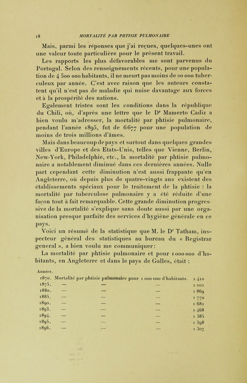 Mais, parmi les réponses que j'ai reçues, quelques-unes ont une valeur toute particulière pour le présent travail. Les rapports les plus défavorables me sont parvenus du Portugal. Selon des renseignements récents, pour une popula- tion de 4 5oo ooo habitants, il ne meurt pas moins de ao ooo tuber- culeux par année. C'est avec raison que les auteurs consta- tent qu'il n'est pas de maladie qui nuise davantage aux forces et à la prospérité des nations. Egalement tristes sont les conditions dans la république du Chili, où, d'après une lettre que le Dr Mamerto Cadiz a bien voulu m'adresser, la mortalité par phtisie pulmonaire, pendant l'année 1895, fut de 6677 pour une population de moins de trois millions d'âmes. Mais dans beaucoup de pays et surtout dans quelques grandes villes d'Europe et des Etats-Unis, telles que Vienne, Berlin, New-York, Philadelphie, etc., la mortalité par phtisie pulmo- naire a notablement diminué dans ces dernières années. Nulle part cependant cette diminution n'est aussi frappante qu'en Angleterre, où depuis plus de quatre-vingts ans existent des établissements spéciaux pour le traitement de la phtisie : la mortalité par tuberculose pulmonaire y a été réduite d'une façon tout à fait remarquable. Cette grande diminution progrès sive de la mortalité s'explique sans doute aussi par une orga- nisation presque parfaite des services d'hygiène générale en ce pays. Voici un résumé de la statistique que M. le Dr Tatham, ins- pecteur général des statistiques au bureau du « Registrar gênerai », a bien voulu me communiquer: La mortalité par phtisie pulmonaire et pour 1000 000 d'ha- bitants, en Angleterre et dans le pays de Galles, était : Années. 1870. Mortalité par phtisie pulmonaire pour 1 000 000 d'habitants, a 410 1875. 1880. i885. 2 202 1 869 1 770 1890- — — — 1 682 1893. — — _ 1 468 i8g4- — — 1 385 1895. — 1 398 1896. — — , 307