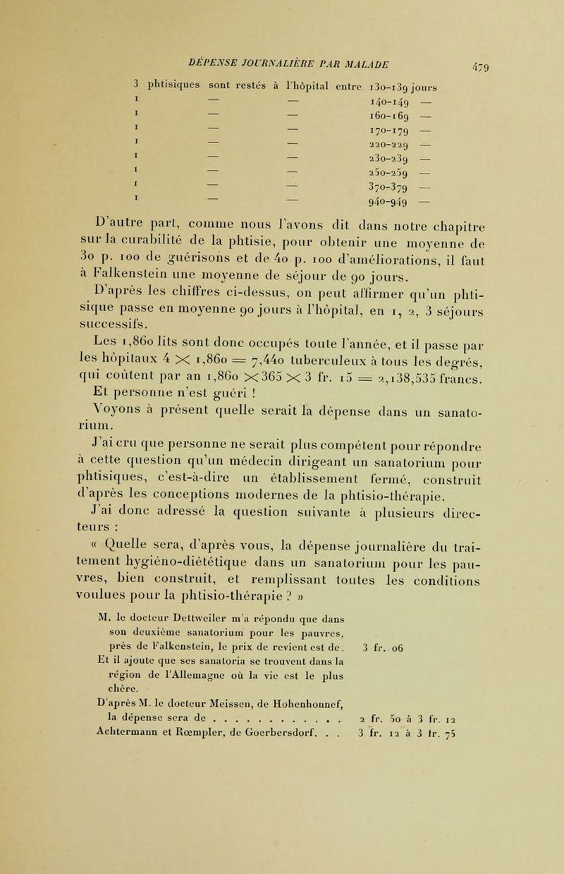 3 phtisiques sont restés à l'hôpital entre i3o-i3g jours 1 — i4o-i49 — 1 — — 160-169 — 1 170-179 — 1 — 220-229 — 1 — 230-239 — 1 — 250-269 — 3o-379 — 1 940-949 — D'autre pari, comme nous l'avons dit dans notre chapitre sur la curabilité de la phtisie, pour obtenir une moyenne de 3o p. 100 de guérisons et de 4o p. 100 d'améliorations, il faut à Falkenstein une moyenne de séjour de 90 jours. D'après les chiffres ci-dessus, on peut affirmer qu'un phti- sique passe en moyenne 90 jours à l'hôpital, en 1, a, 3 séjours successifs. Les 1,860 lits sont donc occupés loule l'année, et il passe par les hôpitaux 4 X 1,860 == 7,44o tuberculeux à tous les degrés, qui coûtent par an 1,860 X 365x3 fr. i5 = 2,138,535francs. El personne n'est guéri ! Voyons à présent quelle serait la dépense dans un sanato- rium. J'ai cru que personne ne serait plus compétent pour répondre à cette question qu'un médecin dirigeant un sanatorium pour phtisiques, c'est-à-dire un établissement fermé, construit d'après les conceptions modernes de la phlisio-thérapie. J'ai donc adressé la question suivante à plusieurs direc- teurs : « Quelle sera, d'après vous, la dépense journalière du trai- tement hygiéno-diététique dans un sanatorium pour les pau- vres, bien construit, et remplissant toutes les conditions voulues pour la phlisio-thérapie '.' » M. le docteur Dettweiler m'a répondu que dans son deuxième sanatorium pour les pauvres, près de Falkenstein, le prix de revient est de. 3 fr. 06 Et il ajoute que ses sanatoria se trouvent dans la région de l'Allemagne où la vie est le plus chère. D'après M. le docteur Meissen, de Hohenhonnef, la dépense sera de 2 fr. 5o à 3 fr. 12 Achtcrmann et Rcemplcr, de Goerbersdorf. . . 3 fr. 12 à 3 Ir. 75