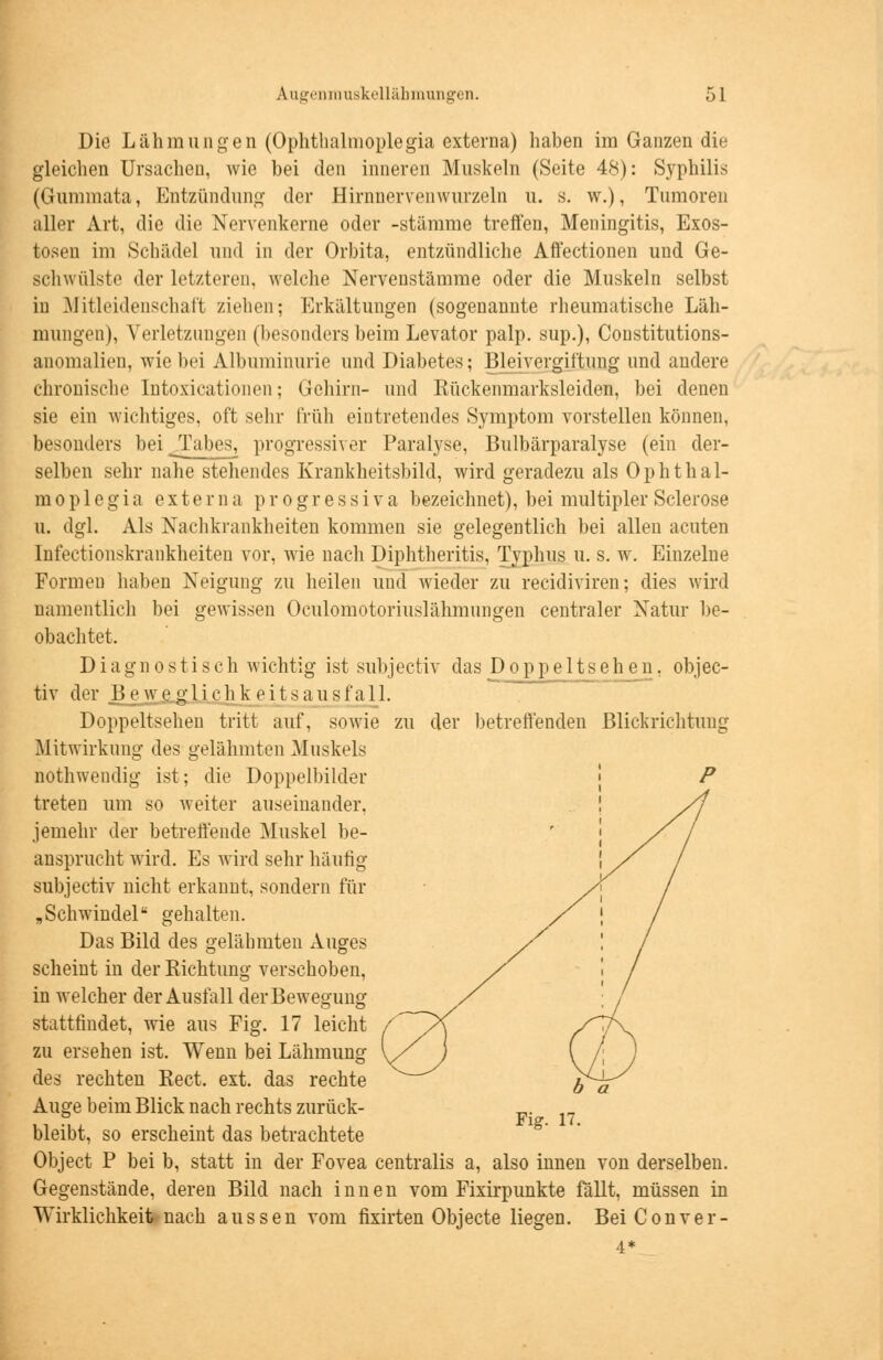 Die Lähmungen (Oplithalmoplegia externa) haben im Ganzen die gleichen Ursachen, wie bei den inneren Muskeln (Seite 48): Syphilis (Gummata, Entzündung der Hirnnervenwurzeln u. s. w.), Tumoren aller Art, die die Nervenkerne oder -stamme treffen, Meningitis, Exos- tosen im Schädel und in der Orbita, entzündliche Affectionen und Ge- schwülste der letzteren, welche Nervenstämme oder die Muskeln selbst in Mitleidenschaft ziehen; Erkältungen (sogenannte rheumatische Läh- mungen), Verletzungen (besonders beim Levator palp. sup.), Constitutions- anomalien, wie bei Albuminurie und Diabetes; Bleivergiftung und andere chronische Intoxicationen; Gehirn- und Rückenmarksleiden, bei denen sie ein wichtiges, oft sehr früh eintretendes Symptom vorstellen können, besonders bei JTabes, progressiver Paralyse, Bulbärparalyse (ein der- selben sehr nahe stehendes Krankheitsbild, wird geradezu als Ophthal- m o p 1 e g i a externa progressiva bezeichnet), bei multipler Sclerose u. dgl. Als Nachkrankheiten kommen sie gelegentlich bei allen acuten [nfectionskrankheiten vor, wie nach Diphtheritis, Typhus u. s. w. Einzelne Formen haben Neigung zu heilen und wieder zu recidiviren; dies wird namentlich bei gewissen Oculomotoriuslähmungen centraler Natur be- obachtet. Diagnostisch wichtig ist subjectiv das Doppeltsehen, objec- to v der B e w e. g 1 i c h k e i t s a u s f all. Doppeltsehen tritt auf, sowie zu der betreffenden Blickrichtung Mitwirkung des gelähmten Muskels nothwendig ist; die Doppelbilder treten um so weiter auseinander, jemehr der betreffende Muskel be- ansprucht wird. Es wird sehr häufig subjectiv nicht erkannt, sondern für ,Schwindel gehalten. Das Bild des gelähmten Auges scheint in der Richtung verschoben, in welcher der Ausfall der Bewegung stattfindet, wie aus Fig. 17 leicht zu ersehen ist. Wenn bei Lähmung des rechten Rect. ext. das rechte Auge beim Blick nach rechts zurück- bleibt, so erscheint das betrachtete Object P bei b, statt in der Fovea centralis a, also innen von derselben. Gegenstände, deren Bild nach innen vom Fixirpunkte fällt, müssen in Wirklichkeit nach aussen vom fixirten Objecte liegen. BeiConver- 4*