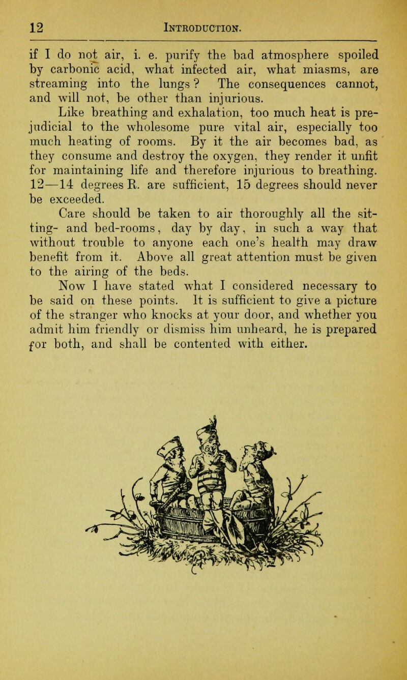 if I do not air, i. e. purify the bad atmosphere spoiled by carbonic acid, what infected air, what miasms, are streaming into the lungs ? The consequences cannot, and will not, be other than injurious. Like breathing and exhalation, too much heat is pre- judicial to the wholesome pure vital air, especially too much heating of rooms. By it the air becomes bad, as they consume and destroy the oxygen, they render it unfit for maintaining life and therefore injurious to breathing. 12—14 degrees R. are sufficient, 15 degrees should never be exceeded. Care should be taken to air thoroughly all the sit- ting- and bed-rooms, day by day, in such a way that without trouble to anyone each one's health may draw benefit from it. Above all great attention must be given to the airing of the beds. Now I have stated what I considered necessary to be said on these points. It is sufficient to give a picture of the stranger who knocks at your door, and whether you admit him friendly or dismiss him unheard, he is prepared for both, and shall be contented with either.