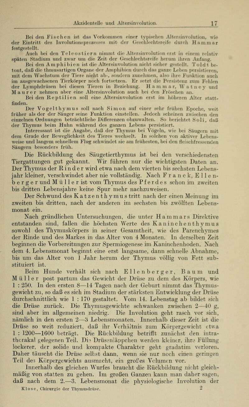 Bei den Fischen ist dae Vorkommen einer typischen Alterainvolutioii, wie der Eintritt des [nvolutionsprozesees mit der Geechlechteieife dmch Hau festgestellt. Audi bei den Teleostiern nimmt die Alteisinvolution erst in einem i späten Stadium und /.war um die Zeil der Geschlechtsreife li<runi ihren Anfang, Bei den Amphibien ist die Altersinvolution nicht sicher gestellt. Toldl l,<. tont, daß die thmusartigen Organe der Amphibien duzeb das ganze Leben | mit dem Wachstum der Tiere nicht ab-, sondern zunehmen, also ihre Punktion auch im ausgewachsenen Tierkörper noch fortsetzen. Er setzl die Persistenz zum Fehlen der Lymphdrüsen bei diesen Tieien in Mey.ielnin<_'. H a m m a r, W a t n e y und Maurer nehmen aber eine Altersinvolution auch hei den Fröschen an. Bei den Reptilien soll eine Altersinvolution erst im höheren Alter finden. Der Vogelthymus soll nach Simon auf einer sehr frühen Epoche, weit früher als der der Säuger seine Funktion einstellen. Jedoch scheinen zwischen den einzelnen Ordnungen beträchtliche Differenzen obzuwalten. So berichtel Soli, daß der Thymus beim Huhn während des ganzen Lebens persistiert. Interessant ist die Angabe, daß der Thymus bei Vögeln, wie bei Säugern mit dem Grade der Beweglichkeit des Tieres wechselt. In solchen von aktiver L> weise und langem schnellem Flug schwindet sie am frühesten, bei den fleischfressenden Säugern besonders früh. Die Rückbildung des Säugetierthymus ist bei den verschiedensten Tiergattungen gut gekannt. Wir führen nur die wichtigsten Daten an. Der Thymus der Rinder wird etwa nach dem vierten bis sechsten Lebens- jahr kleiner, verschwindet aber nie vollständig. Nach F r a n c k, Ellen- b e r g e r und M ü 11 e r ist vom Thymus des Pferdes schon im zweiten bis dritten Lebensjahre keine Spur mehr nachzuweisen. Der Schwund des Katzenthymus tritt nach der einen Meinung im zweiten bis dritten, nach der anderen im sechsten bis zwölften Lebens- monat ein. Nach gründlichen Untersuchungen, die unter Hammars Direktive entstanden sind, fallen die höchsten Werte des K a n i n c h e n t h y m u s sowohl des Thymuskörpers in seiner Gesamtheit, wie des Parenchymes der Rinde und des Markes in das Alter von 4 Monaten. In derselben Zeit beginnen die Vorbereitungen zur Spermiogenese im Kaninchenhoden. Nach dem 4. Lebensmonat beginnt eine erst langsame, dann schnelle Abnahme, bis um das Alter von 1 Jahr herum der Thymus völlig von Fett sub- stituiert ist. Beim Hunde verhält sich nach Ellen b e r gor. B a u m und Müller post partum das Gewicht der Drüse zu dem des Körpers, wie 1 : 250. In den ersten 8—14 Tagen nach der Geburt nimmt das Thymus- gewicht zu, so daß es sich im Stadium der stärksten Entwicklung der Drüse durchschnittlich wie 1 : 170 gestaltet. Vom 14. Lebenstag ab bildet sich die Drüse zurück. Die Thymusgewiclite schwanken zwischen 2—40 g, sind aber im allgemeinen niedrig. Die Involution geht rasch vor sich, nämlich in den ersten 2—3 Lebensmonaten. Innerhalb dieser Zeit ist die Drüse so weit reduziert, daß ihr Verhältnis zum Körpergewicht etwa 1 : 1200—1600 beträgt. Die Rückbildung betrifft zunächst den intra- thcrakal gelegenen Teil. Dis Drüsenläppchen werden kleiner, ihre Füllung lockerer, der solide und kompakte Charakter geht gradatim verloren. Daher täuscht die Drüse selbst dann, wenn sie nur noch einen geringen Teil des Körpergewichts ausmacht, ein großes Volumen vor. Innerhalb des gleichen Wurfes braucht die Rückbildung nicht gleich- mäßig von statten zu gehen. Im großen Ganzen kann man daher sagen. daß nach dem 2.—3. Lebensmonat die physiologische Involution der Klose, Chirurgie der Thymusdrüse. -
