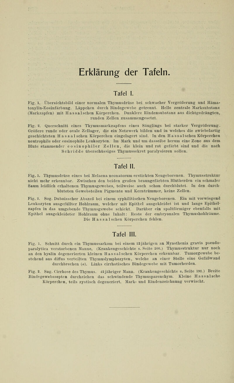 Erklärung der Tafeln. Tafel I. Fig. 1. Übersichtsbild einer normalen Thymusdrüse bei schwacher Vergrößerung und Häma- toxylin-Eosinfärbung. Läppchen durch Bindegewebe getrennt. Helle zentrale Marksubstanz (Markzapfen) mit Hassalschen Körperchen. Dunklere Rindensubstanz aus dichtgedrängten, runden Zellen zusammengesetzt. Fig. 2. Querschnitt eines Thymusmarkzapfens eines Säuglings bei starker Vergrößerung. Größere runde oder ovale Zellager, die ein Netzwerk bilden und in welches die zwiebelartig geschichteten Hassalschen Körperchen eingelagert sind. In den Ha ssal sehen Körperchen neutrophile oder eosinophile Leukozyten. Im Mark und um dasselbe herum eine Zone aiis dem Blute stammender eosinophiler Zellen, die klein und rot gefärbt sind und die nach Schridde überschüssiges Thymussekret paralysieren sollen. Tafel II. Fig. 1. Thymusdrüse eines bei Melaena neonatorum erstickten Neugeborenen. Thymusstruktur nicht mehr erkennbar. Zwischen den beiden großen braungefärbten Brutherden ein schmaler Saum leidlich erhaltenen Thymusgewebes, teilweise auch schon durchblutet. In den durch- bluteten Gewebsteilen Pigmente und Kerntrümmer, keine Zellen. Fig. 2. Sog. Duboisscher Abszeß bei einem syphilitischen Neugeborenen. Ein mit vorwiegend Leukozyten ausgefüllter Hohlraum, welcher mit Epithel ausgekleidet ist und lange Epithel- zapfen in das umgebende Thymusgewebe schickt. Darüber ein spaltförmiger ebenfalls mit Epithel ausgekleideter Hohlraum ohne Inhalt: Reste der embryonalen Thymushohlräume. Die H a s s a 1 sehen Körperchen fehlen. Tafel III. Fig. l. Schnitt durch ein Thymussarkom bei einem 23jährigen an Myasthenia gravis pseudo- paralytica verstorbenen Manne. (Krankengeschichte s. Seite 200.) Thymusstruktur nur noch an den hyalin degenerierten kleinen Hassalschen Körperchen erkennbar. Tumorgewebe be- stehend aus diffus verteilten Thymuslymphozyten, welche an einer Stelle eine Gefäßwand durchbrechen (a). Links cirrhotisches Bindegewebe mit Tumorherden. Fig. 2. Sog. Cirrhose des Thymus. 42jähriger Mann. (Krankengeschichte s. Seite 192.) Breite Bindegewebssepten durchziehen das schwindende Thymusparenchym. Kleine Hassalsche Körperchen, teils zystisch degeneriert. Mark- und Rindenzeichnung verwischt.