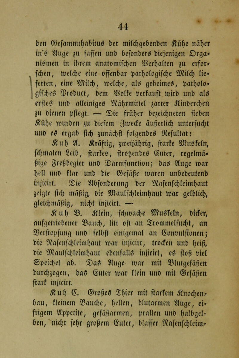 ben ©efammtfjabituS ber mifcbgebenben Äüf)c näljer tn'ö Sluge ju faffen unb befonberS biejenigen Drga* niSmen in ihrem anatomifcben Verhalten ju erfor» fcben, welche eine offenbar patfyologifcbe 9)?i(cb lie* : fertcn, eine Wild), welche, als geheimes, patfjolo» < gifcbeS ^robuct, bem 93olfe »erfmtft wirb unb alö erffrfl unb alleiniges 9iäf)rmittel jarter Äinbercben ju bienen pflegr. — S)ie früher bezeichneten fieben Müt)e wutben ju biefein 3>i>e£fe äußerlich unterfingt unb et ergab fieb junäcbft folgenbeS Stefultat: Auf) 21. Äräftig, jweijäljrig, ftarfe SJruöfefn, fchmalen geib, ftarfeS, ftroßenbeS (Suter, regelmä* füge greßbegier unb 2)armfunctionj baS 9ruge war hell unb flar unb bie ©efäße waren unbebeutenb injicirt. 2)ie Slbfonberung ber 9cafenfcbleimt)aut jeigte ftch mäßig, bie 9)caulfcbleimf)aut war gelblich, gleichmäßig, nid;t injicirt. — Äuh 33. Jtlein, fd)wache 3J?uSFeIn, bfefer, aufgetriebener 33aucb, litt oft an üromnielfucht, an Berftopfung unb felbft einigemal an donoulfionen; bie 9cafenfcb(eiinf)aut war injicirt, troefen uno fyeiß, bie 9Jtaiilfd)Ieimhaut ebenfalls injicirt, eS floß fiel Speichel ab. 2>aS Sluge war mit Blutgefäßen burd)jogen, baS guter war Kein unb mit ©efäßen ftarf injicirt. Muf) g. ©roßeö £t)ier mit ftarfem Änod&en* bau, Keinem Bauche, fallen, blutarmen Sluge, ei- frigem Appetite, gefäßarmen, prallen unb IjalbgeU ben, nicht fefjr großem Guter, blaffer 9iafenfcbleim*