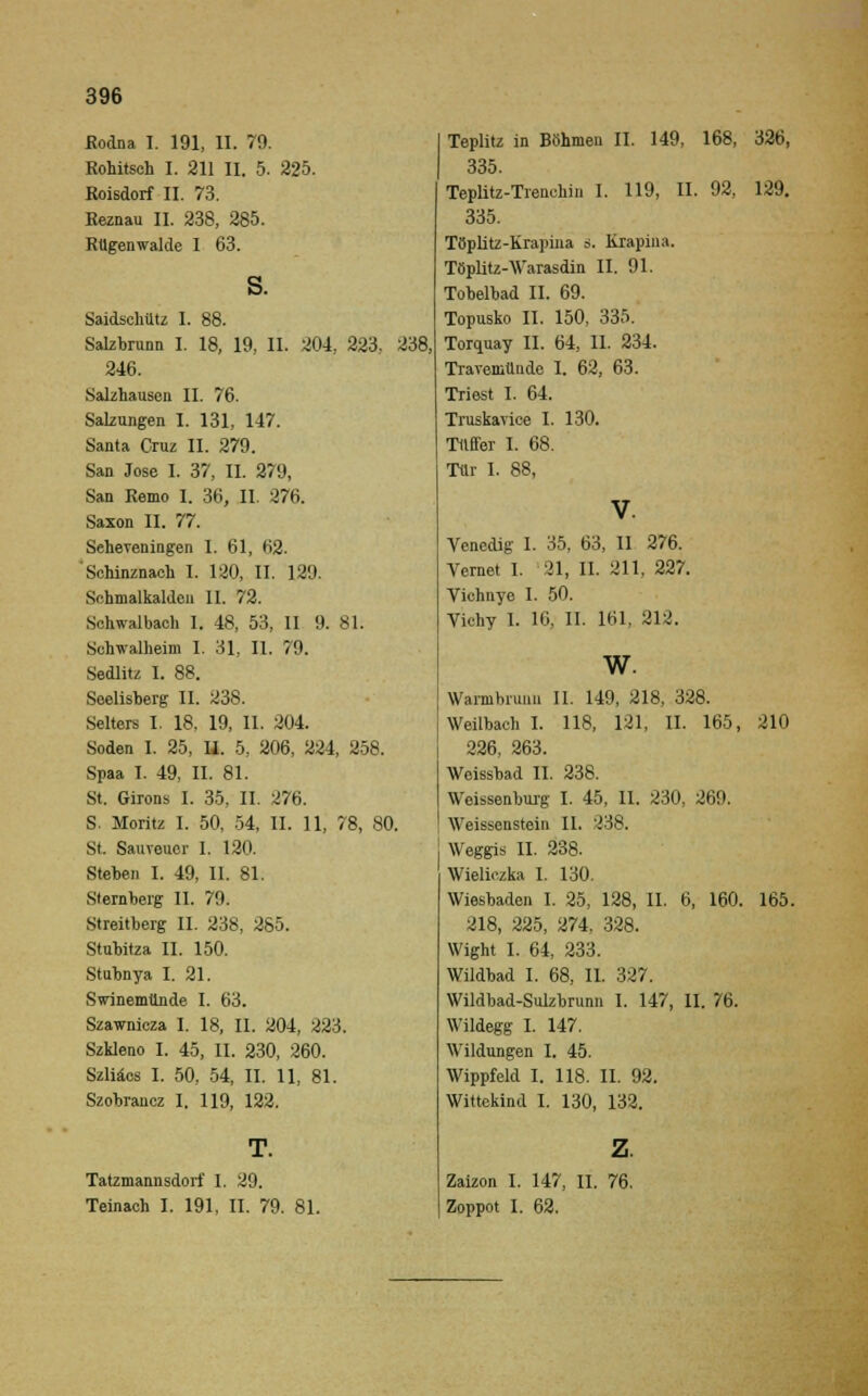 Rodna I. 191, IL 79. Rohitsch I. 211 II. 5. 225. Roisdorf II. 73. Reznau II. 238, 285. Rügenwalde I 63. s. Saidschütz I. 88. Salzbrunn I. 18, 19, II. 204. 223. 238: 246. Salzhausen II. 76. Salzungen I. 131, 147. Santa Cruz II. 279. San Jose I. 37, II. 279, San Remo I. 36, II. 276. Saxon II. 77. Seheveningen I. 61, 62. 'Schinznach I. 120, II. 129. Schmalkaldeii II. 72. Schwalbach I. 48, 53, II 9. 81. Schwalheim I. 31, II. 79. Sedlitz I. 88. Seelisberg II. 238. Selters I. 18. 19, II. 204. Soden I. 25, U. 5, 206, 224, 258. Spaa I. 49, II. 81. St. Girons I. 35, II. ^70. S, Moritz I. 50, 54, II. 11, 78, 80. St. Sauveuor I. 120. Steben I. 49, 11. 81. Sternberg II. 79. Streitberg II. 238, 285. Stubitza II. 150. Stubnya I. 21. Swinemünde I. 63. Szawnieza I. 18, II. 204, 223. Szkleno I. 45, II. 230, 260. Szliäcs I. 50, 54, II. 11, 81. Szobranez I. 119, 122. Tatzmannsdorf 1. 29. Teinach I. 191. II. 79. 81. Teplitz in Böhmen II. 149, 168, 326, 335. Teplitz-Trenehin I. 119, II. 92, 129. 335. Töplitz-Krapina s. Krapiua. Töplitz-Warasdin II. 91. Tobelbad II. 69. Topusko II. 150, 335. Torquay II. 64, II. 234. Travemünde I. 62, 63. Triest I. 64. Truskavice I. 130. Tttffer I. 68. Tür I. 88, Venedig I. 35, 63, II 276. Vernet I. 21, II. 211, 227. Vichnye I. 50. Vk-hy 1. 10, II. 161, 212. w. Wannbrunn II. 149, 218, 328. Weilbach I. 118, 121, II. 165, 210 226, 263. Woissbad II. 238. Weissenburg I. 45, II. 230, 269. Weissenstein II. 338. Weggis II. 238. Wielii-zka I. 130. Wiesbaden I. 25, 128, II. 6, 160. 165. 218, 225, 274, 328. Wight I. 64, 233. Wildbad I. 68, II. 327. Wildbad-Sulzbrunn I. 147, II. 76. Wildegg I. 147. Wildungen I. 45. Wippfeld I. 118. II. 92. Wittekind I. 130, 132. Zaizon I. 147, II. 76. Zoppot I. 62.