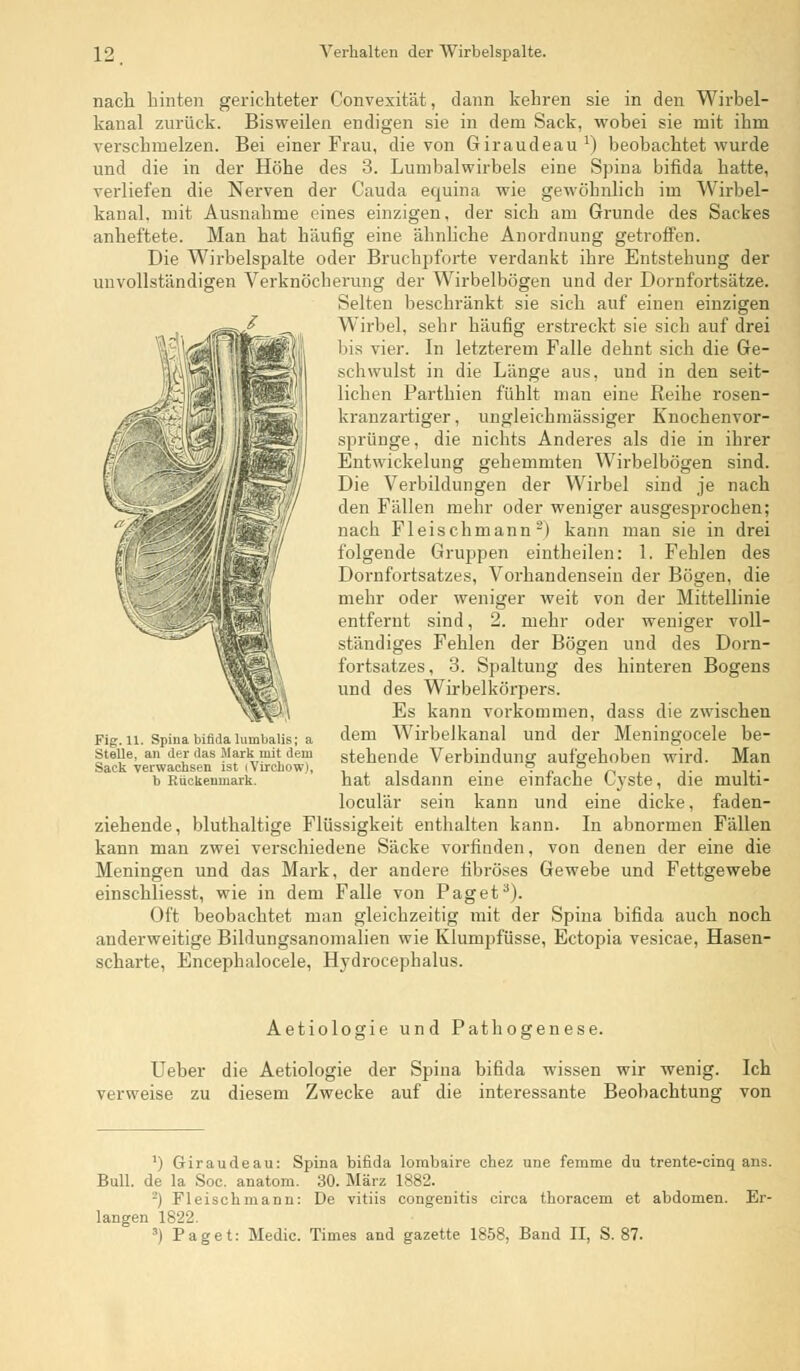 nach hinten gerichteter Convexität, dann kehren sie in den Wirbel- kanal zurück. Bisweilen endigen sie in dem Sack, wobei sie mit ihm verschmelzen. Bei einer Frau, die von Giraudeau1) beobachtet wurde und die in der Höhe des 3. Lumbaiwirbels eine Spina bifida hatte, verliefen die Nerven der Cauda equina wie gewöhnlich im Wirbel- kanal, mit Ausnahme eines einzigen, der sich am Grunde des Sackes anheftete. Man hat häufig eine ähnliche Anordnung getroffen. Die Wirbelspalte oder Bruchpforte verdankt ihre Entstehung der unvollständigen Verknöcherung der Wirbelbögen und der Dornfortsätze. Selten beschränkt sie sich auf einen einzigen Wirbel, sehr häufig erstreckt sie sich auf drei Ins vier. In letzterem Falle dehnt sich die Ge- schwulst in die Länge aus, und in den seit- lichen Parthien fühlt man eine Reihe rosen- kranzartiger , ungleichmässiger Knochenvor- sprünge, die nichts Anderes als die in ihrer Entwickelung gehemmten Wirbelbögen sind. Die Verbildungen der Wirbel sind je nach den Fällen mehr oder weniger ausgesprochen; nach Fleischmann2) kann man sie in drei folgende Gruppen eintheilen: 1. Fehlen des Dornfortsatzes, Vorhandensein der Bögen, die mehr oder weniger weit von der Mittellinie entfernt sind, 2. mehr oder weniger voll- ständiges Fehlen der Bögen und des Dorn- fortsatzes, 3. Spaltung des hinteren Bogens und des Wirbelkörpers. Es kann vorkommen, dass die zwischen dem Wirbelkanal und der Meningocele be- stehende Verbindung aufgehoben wird. Man hat alsdann eine einfache Cyste, die niulti- loculär sein kann und eine dicke, faden- ziehende, bluthaltige Flüssigkeit enthalten kann. In abnormen Fällen kann man zwei verschiedene Säcke vorfinden, von denen der eine die Meningen und das Mark, der andere fibröses Gewebe und Fettgewebe einschliesst, wie in dem Falle von Paget3). Oft beobachtet man gleichzeitig mit der Spina bifida auch noch anderweitige Bildungsanomalien wie Klumpfüsse, Ectopia vesicae, Hasen- scharte, Encephalocele, Hydrocephalus. Fig. 11. Spina bifida lnmbalis; a Stelle, an der das Mark mit dem Sack verwachsen ist lYirchow), b Rückenmark. Aetiologie und Pathogenese. Ueber die Aetiologie der Spina bifida wissen wir wenig. Ich verweise zu diesem Zwecke auf die interessante Beobachtung von ') Giraudeau: Spina bifida lombaire chez une femme du trente-cinq ans. Bull, de la Soc. anatom. 30. März 1882. -) Fleisch mann: De vitiis congenitis circa thoracem et abdomen. Er- langen 1822. 3) Paget: Medic. Times and gazette 1858, Band II, S. 87.