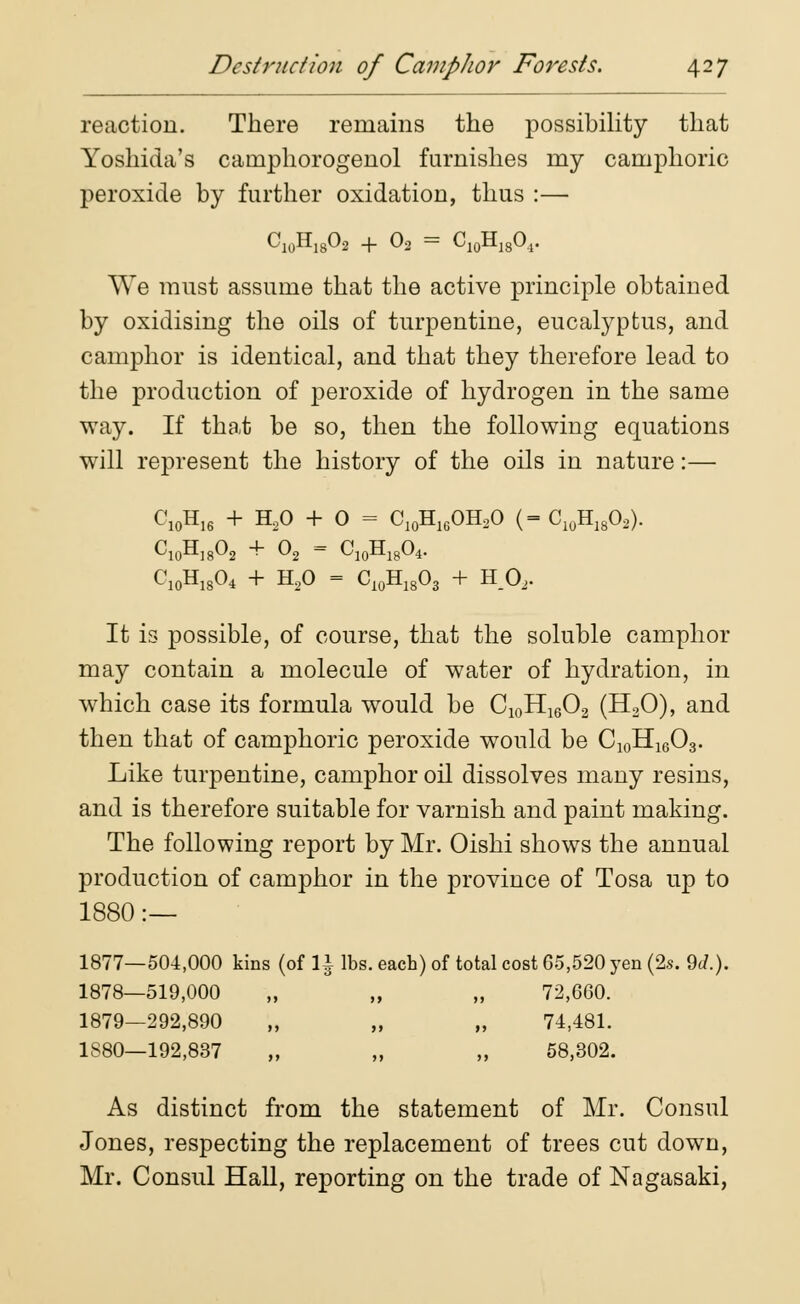 reaction. There remains the possibility that Yoshida's cainphorogenol furnishes my camphoric peroxide by further oxidation, thus :— Ci0H18O2 + Oo = C10H18O.,. We must assume that the active principle obtained by oxidising the oils of turpentine, eucalyptus, and camphor is identical, and that they therefore lead to the production of peroxide of hydrogen in the same way. If that be so, then the following equations will represent the history of the oils in nature:— C10H16 + H20 + O = C10H16OH3O (= C10H18O2). C10H]8O2 + 02 - C10H18O4. C10H1S04 + H20 = C10H18O3 + HO, It is possible, of course, that the soluble camphor may contain a molecule of water of hydration, in which case its formula would be C10H16O2 (H20), and then that of camphoric peroxide would be C10H16O3. Like turpentine, camphor oil dissolves many resins, and is therefore suitable for varnish and paint making. The following report by Mr. Oishi shows the annual production of camphor in the province of Tosa up to 1880 :— 1877—504,000 kins (of \\ lbs. each) of total cost 65,520 yen (2s. 9J.). 1878—519,000 „ „ „ 72,660. 1879—292,890 „ „ „ 74,481. 1S80—192,837 „ „ „ 58,302. As distinct from the statement of Mr. Consul Jones, respecting the replacement of trees cut down, Mr. Consul Hall, reporting on the trade of Nagasaki,