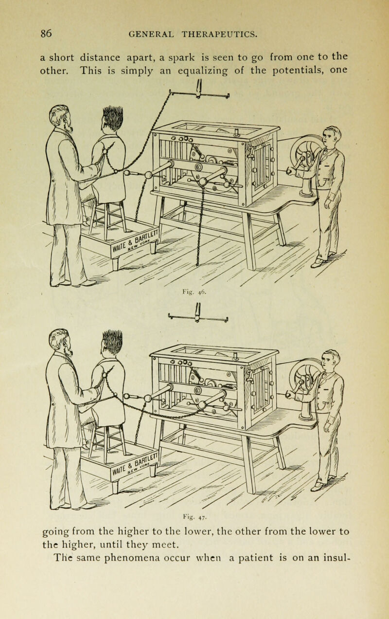 a short distance apart, a spark is seen to go from one to the other. This is simply an equalizing of the potentials, one going from the higher to the lower, the other from the lower to the higher, until they meet. The same phenomena occur when a patient is on an insul-