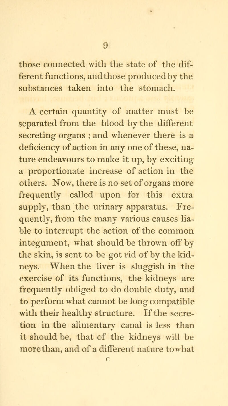 those connected with the state of the dif- ferent functions, and those produced by the substances taken into the stomach. A certain quantity of matter must be separated from the blood by the different secreting organs ; and whenever there is a deficiency of action in any one of these, na- ture endeavours to make it up, by exciting a proportionate increase of action in the others. Now, there is no set of organs more frequently called upon for this extra supply, than the urinary apparatus. Fre- quently, from the many various causes lia- ble to interrupt the action of the common integument, what should be thrown off by the skin, is sent to be got rid of by the kid- neys. When the liver is sluggish in the exercise of its functions, the kidneys are frequently obliged to do double duty, and to perform what cannot be long compatible with their healthy structure. If the secre- tion in the alimentary canal is less than it should be, that of the kidneys will be more than, and of a different nature to what c